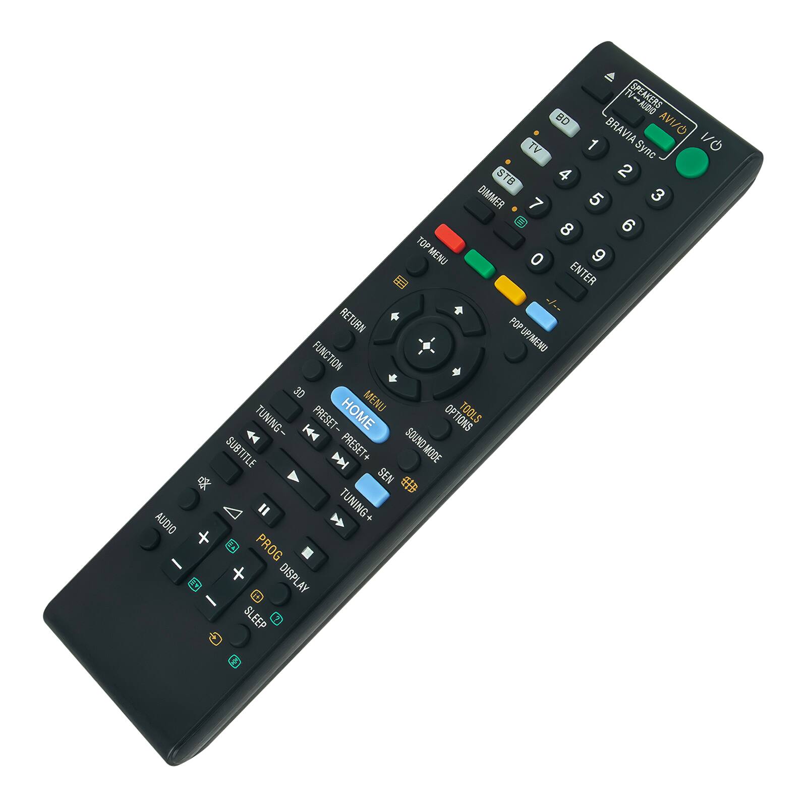 AUDIO  
SPEAKERS AUDIO BD  
TV 1 BRAVIA Sync  
STB 4 2 DIMMER 7 5 3 8 6  
TOP MENU O 9 ENTER RETURN A  
POP FUNCTION UP/MENU 3D MENU  
TUNING- PRESET HOME OPTIONS TOOLS  
SOUND SUBTITLE DAI PRESET + MODE SEN  
TUNING+ PROG DISPLAY SLEEP