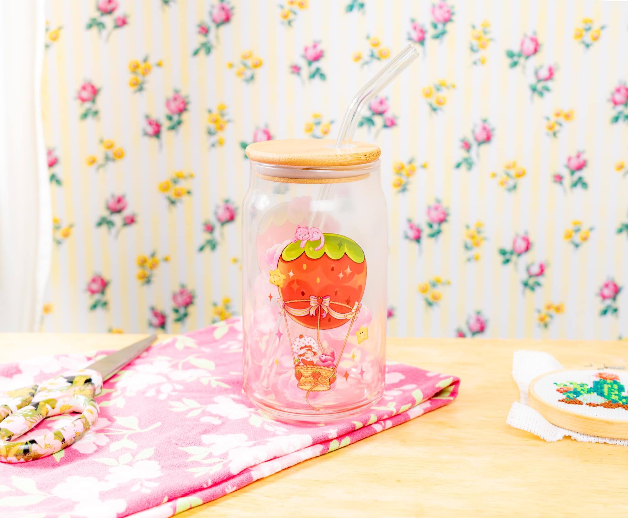 Alt View 3. Silver Buffalo - Care Bears x Strawberry Shortcake 16-Ounce Glass Tumbler With Lid and Straw - Pink.