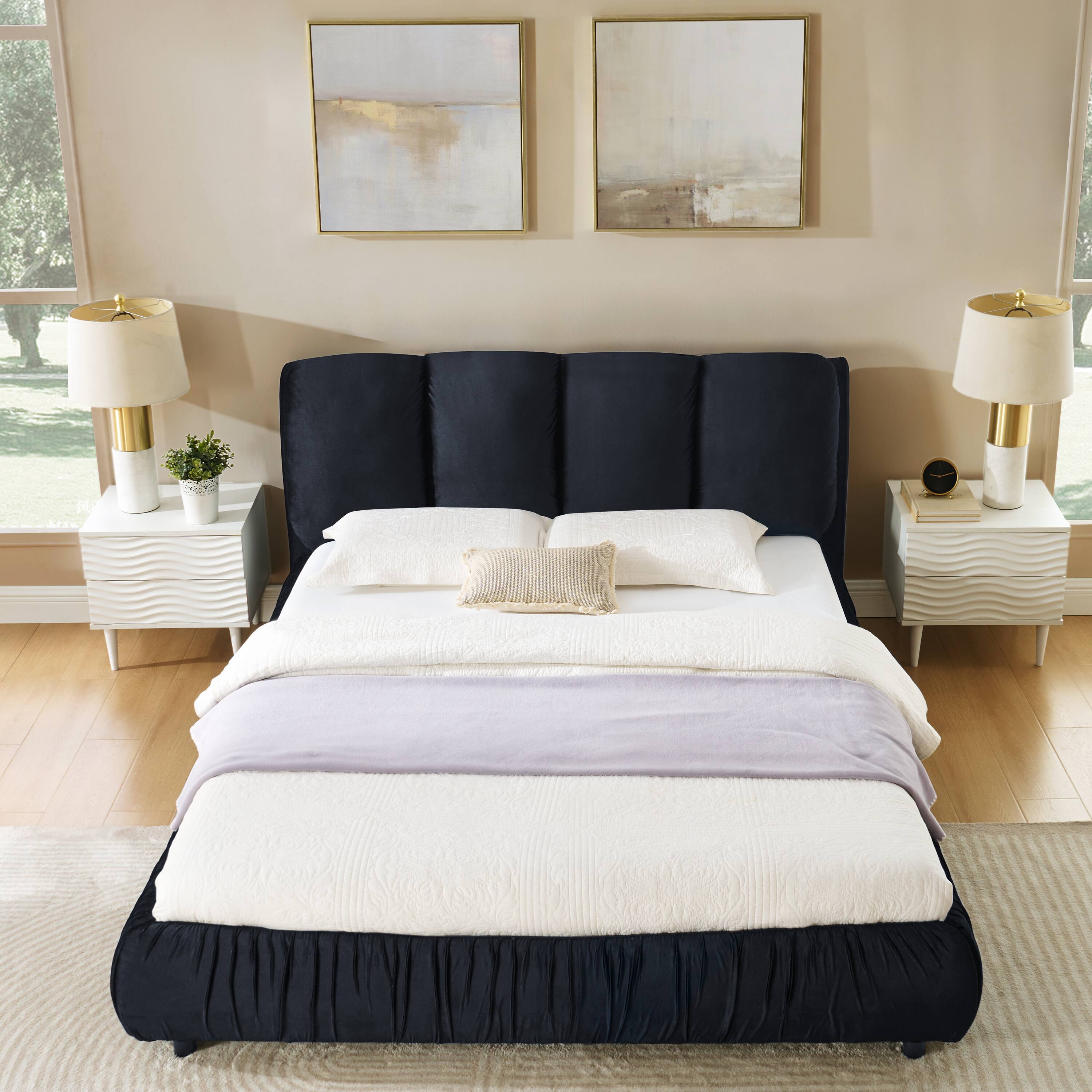 Angle. Whisen - Upholstered Platform Bed with Segmented Padded Headboard and Velvet Frame,Sturdy Support - Black.
