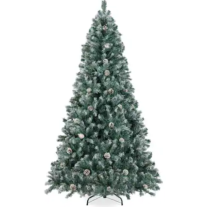 Front. Best Choice Products - Pre-Decorated Christmas Tree w/ Pinecones, Flocked Branch Tips - Flocked Blue Spruce.