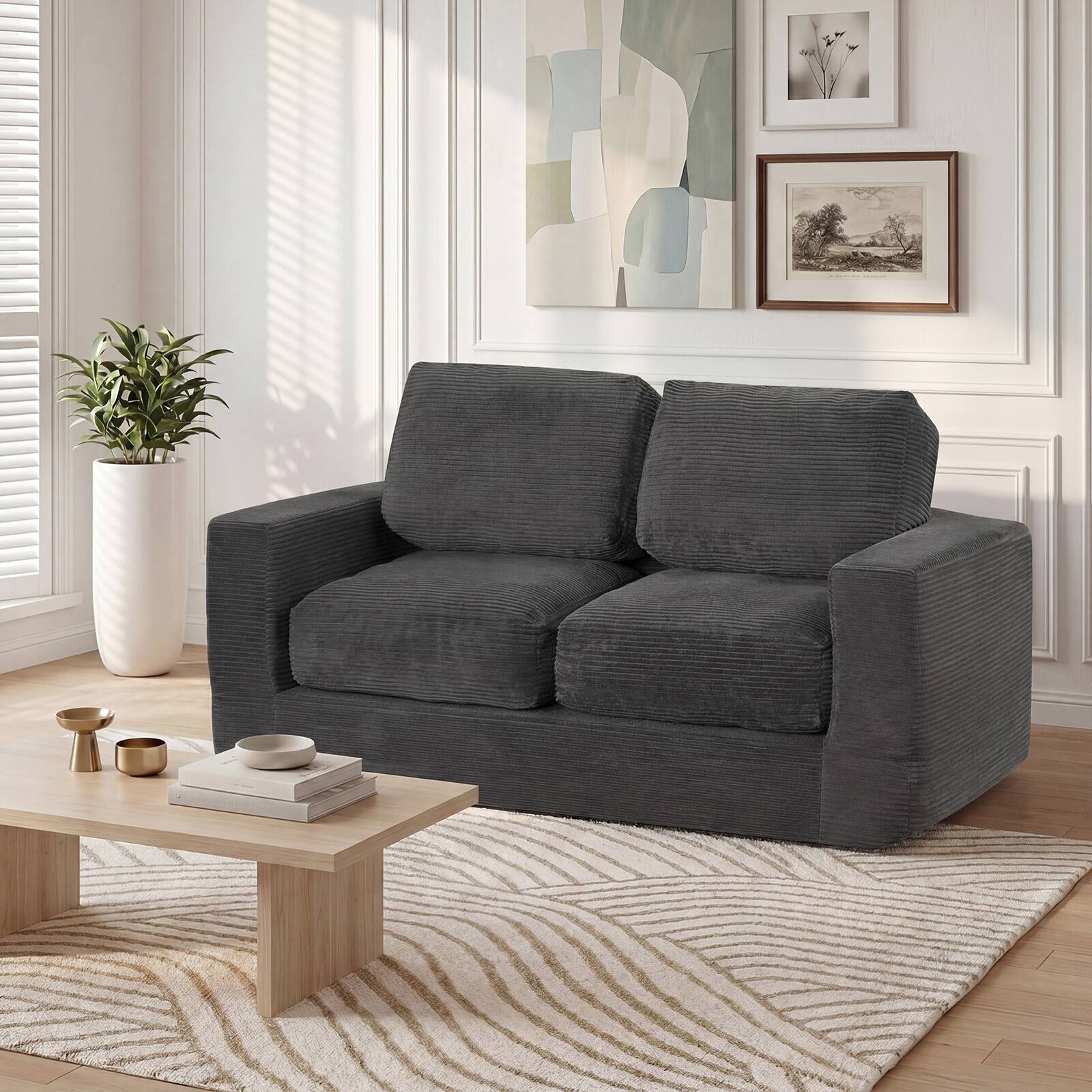 Alt View 3. Costway - Costway Floor Couch, Loveseat Foam Sofa with Removable Corduroy Cover, Back & Seat Cushions - Black.