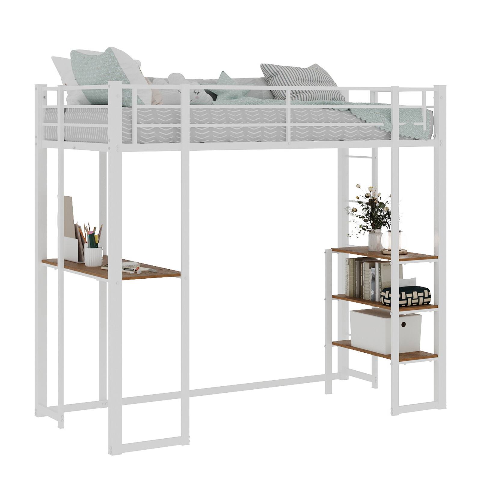 Alt View 6. Loheer - Loheer Twin Loft Bed with Desk and Storage Shelves Modern White Metal Wood Space Saving Frame for Small Rooms - White.