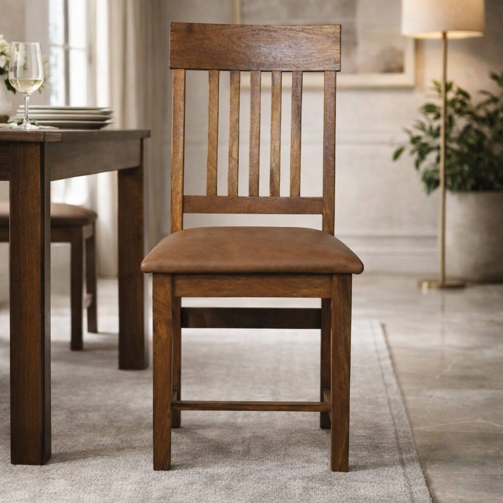 Angle. Artisan Furniture - Leather Slatted Dining Chair, Brown - Brown.