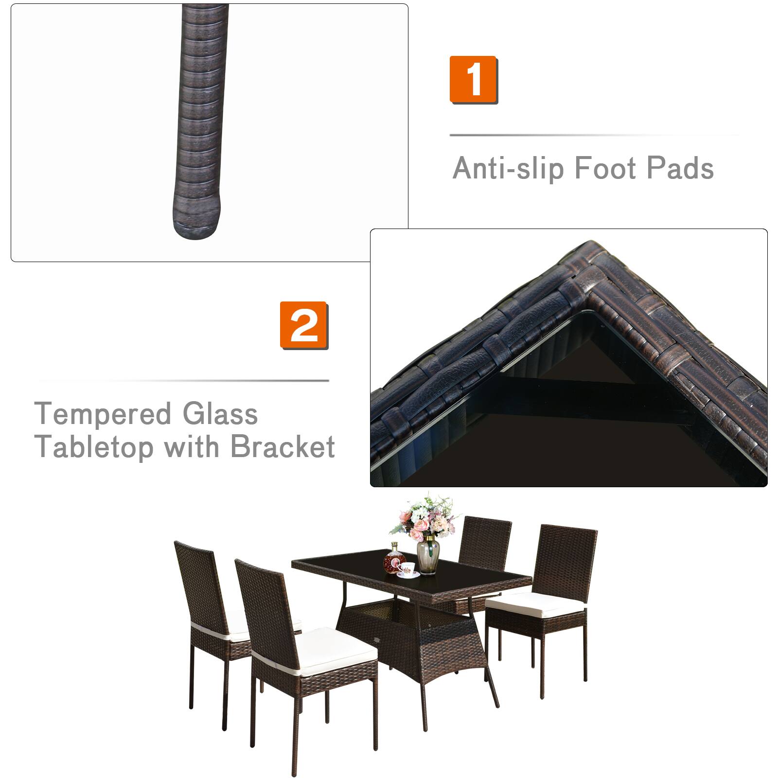 1. Anti-slip Foot Pads  
2. Tempered Glass Tabletop with Bracket
