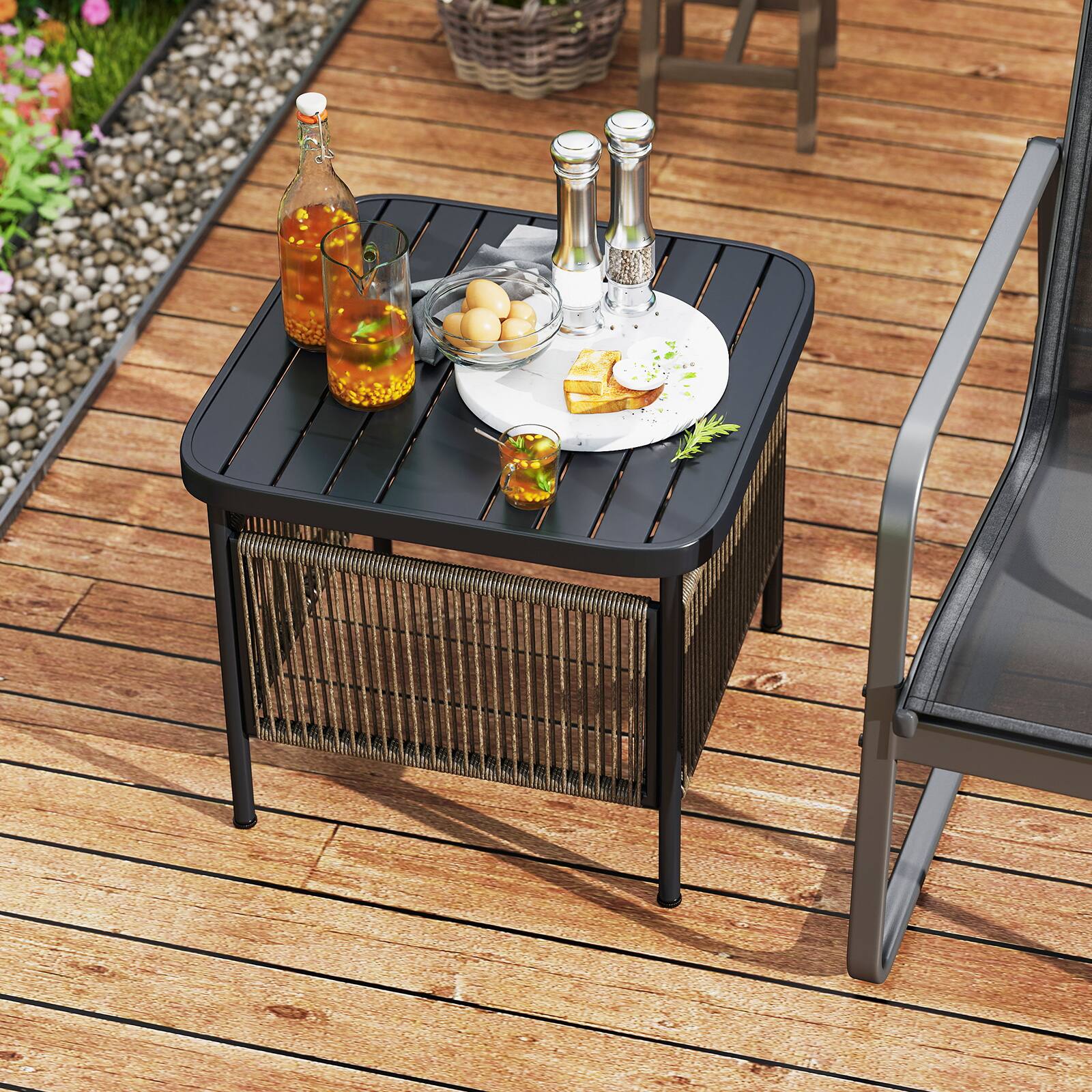 Alt View 4. Gymax - Gymax 2 PCS Outdoor PE Rattan Side Table w/ 1.57'' Umbrella Hole Square Patio End Table - Black.