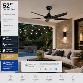 ENLIGHT - 52" Smart Ceiling Fan, IP66 Outdoor/Coastal, Weather Resist, Efficient & Quiet DC Motor, Reverse Mode, Matter, 5 Blades - Matte Black