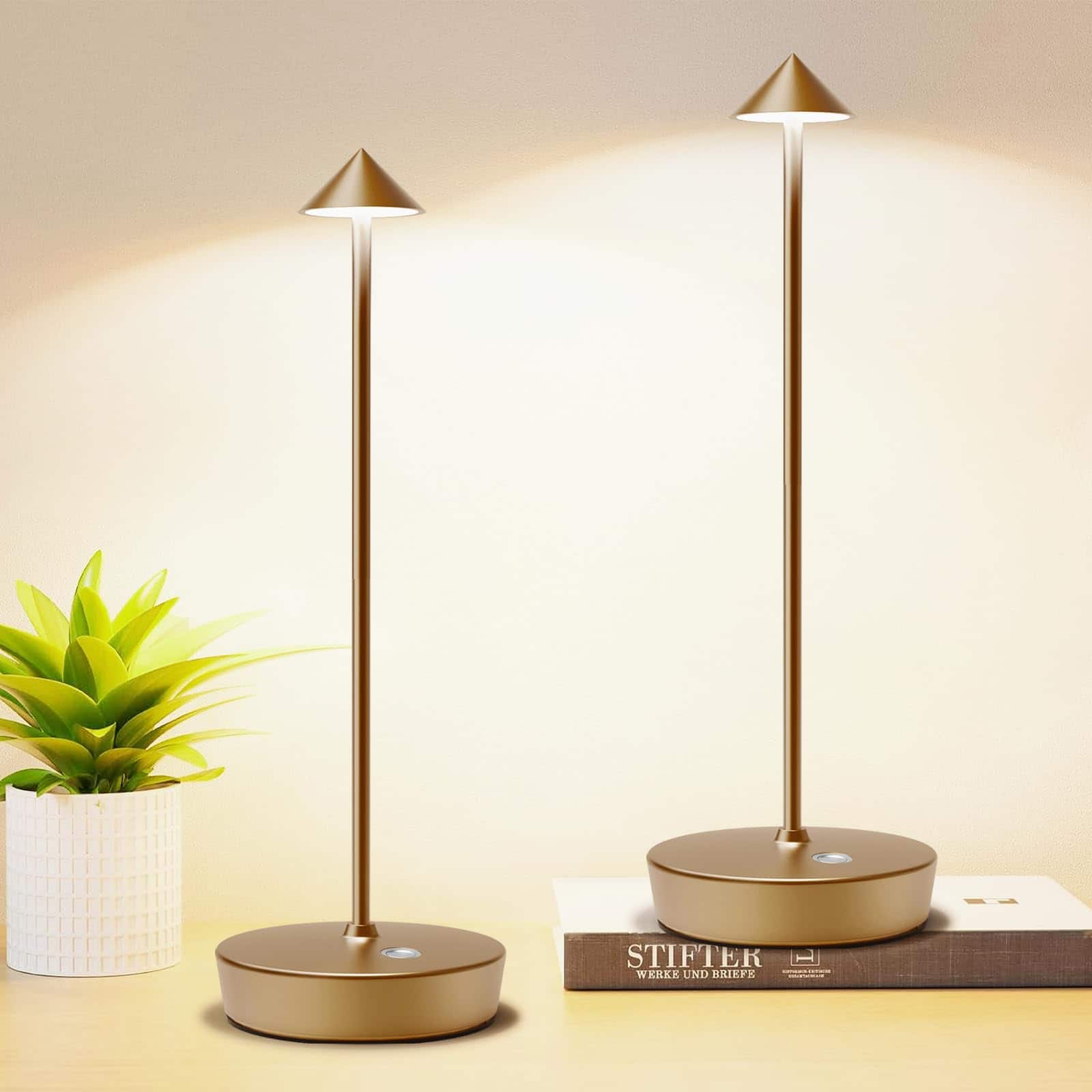 Comfort Essence - Set Of 2 Rechargeable Cordless Table Lamp 6000mah Led Operated Desk Touch 3 Color Dimming Portable Outdoor - 2 Pack-Bronze