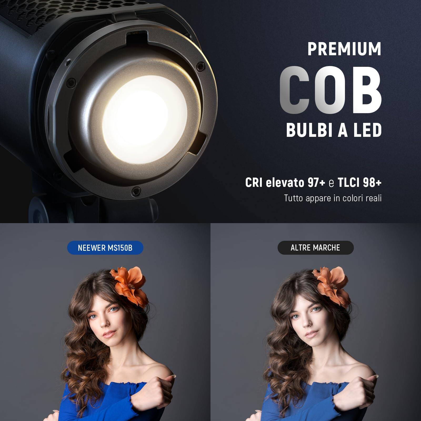 PREMIUM COB BULBI A LED  
CRI elevato 97+ e TLCI 98+  
Tutto appare in colori reali  

NEEWER MS150B  

ALTRE MARCHE