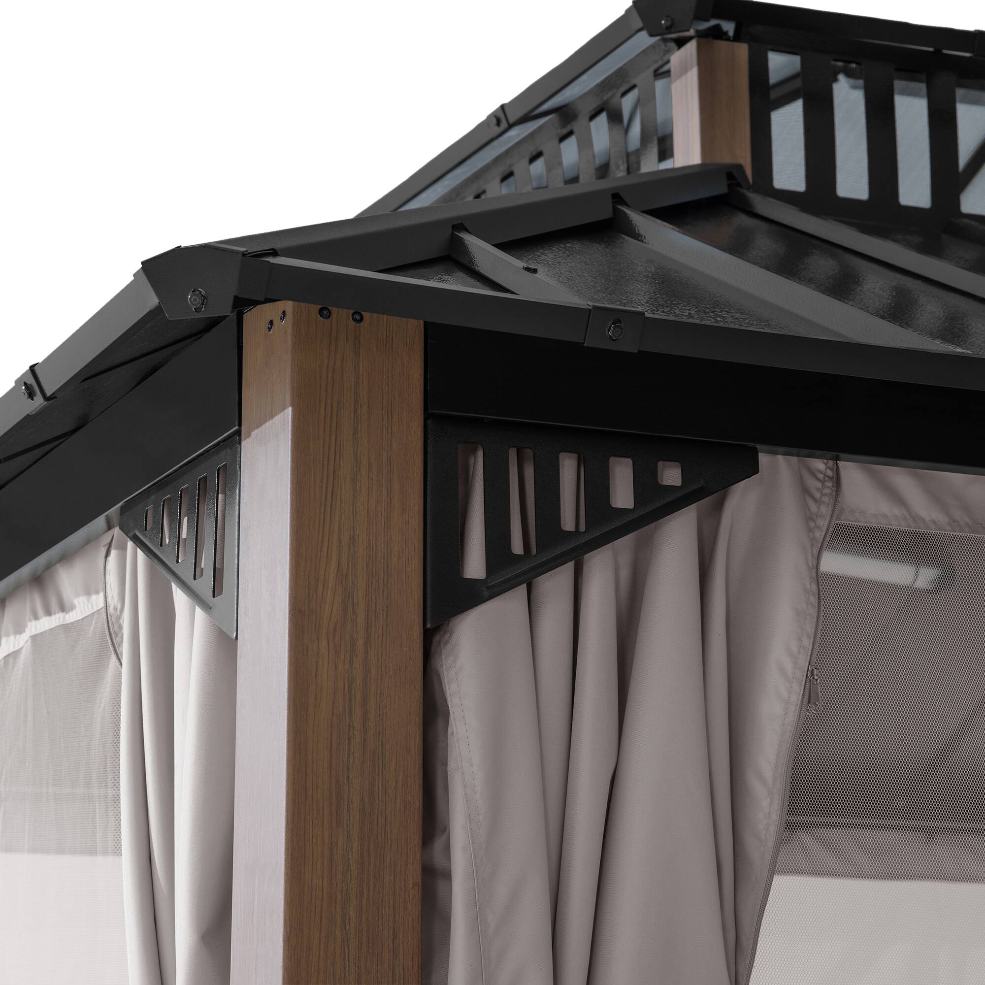 Back. SUNJOY - SUNJOY Kingston 14x12 Gazebo, Steel & PC Roof Hardtop Gazebo with Curtain and Netting - Woodgrain Aluminum Posts.