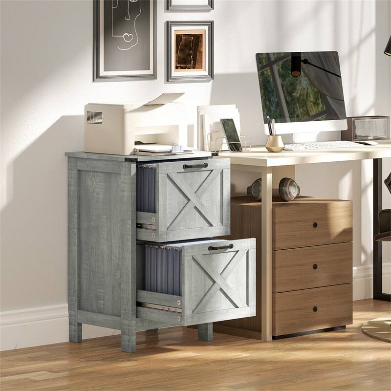 Angle. HTUTWOO - File Cabinet with 2 Drawers - Rustic Office Storage Cabinet, Barn Door Design,Anti-Tipping Safety,Silent Smooth Slippers - Light Gray.