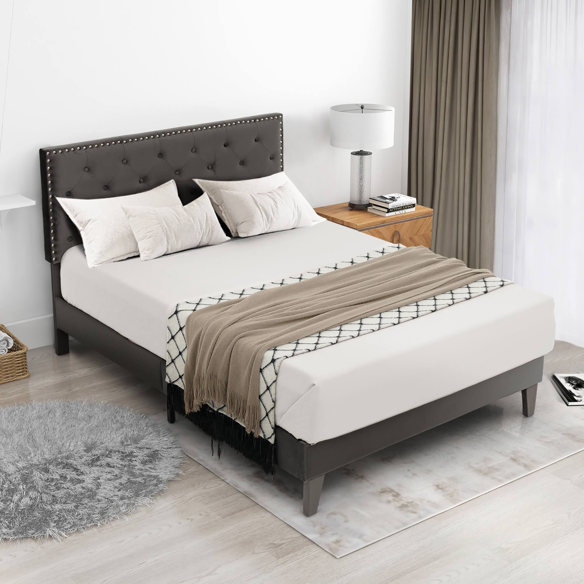 Alt View 3. Costway - Costway Full Bed Frame Upholstered Platform Bed with Tufted Headboard Mattress Foundation - Grey.