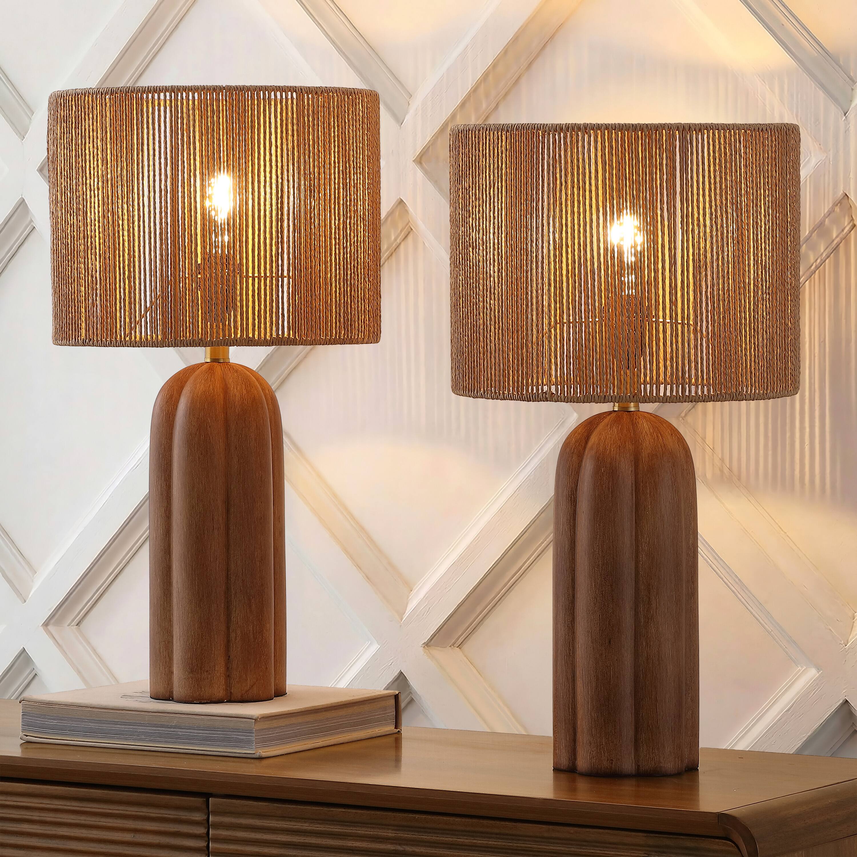 Alt View 1. Jonathan Y - Hazel 24 in. Fluted Scalloped Cylinder Resin with Paper Rope Drum Shade LED Table Lamp, Brown Wood Finish (Set of 2) - Brown Wood Finish.