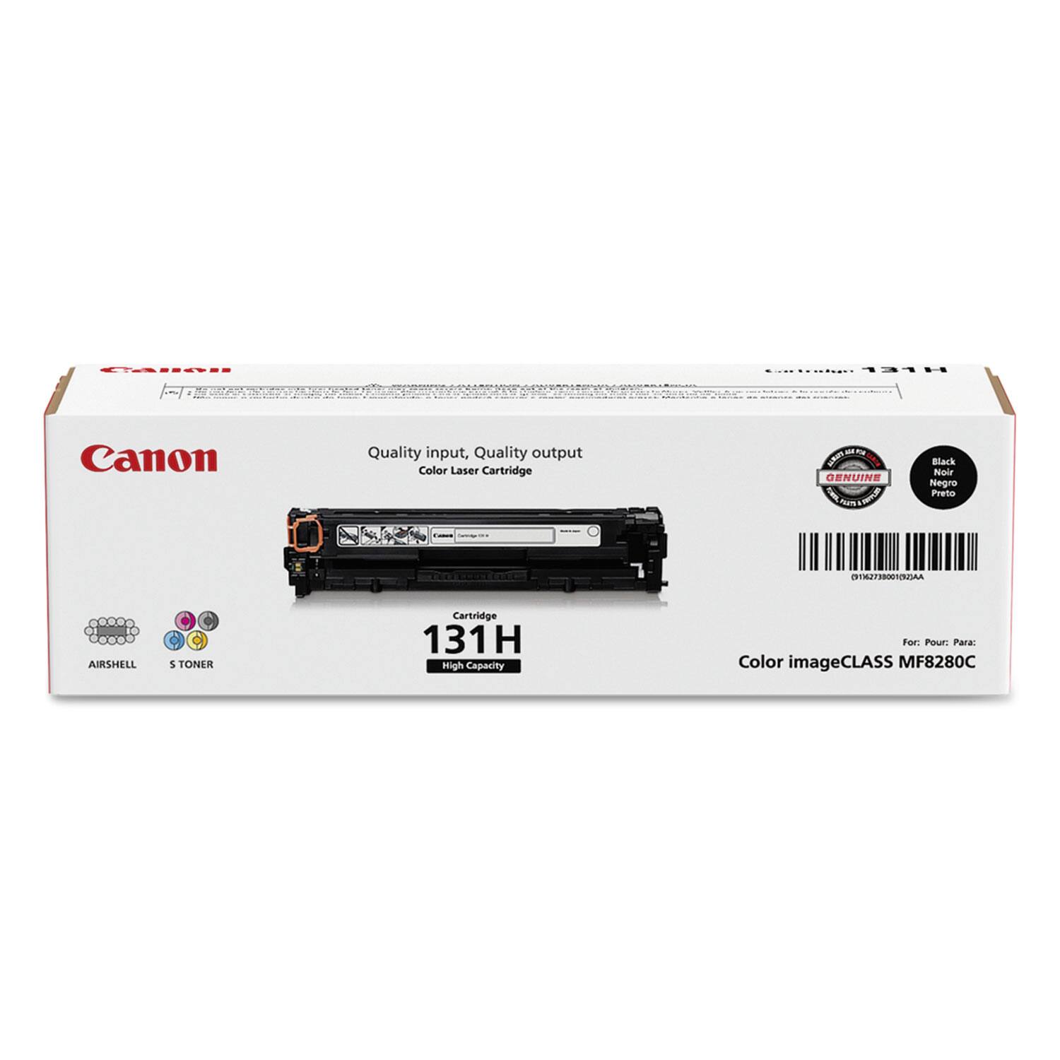 Canon  
Quality input, Quality output  
Color Laser Cartridge  
131H High Capacity  
AIRSHELL 5 TONER  
For: Pour: Para: Color imageCLASS MF8280C  
Genuine Black Noir Negro Preto  
Cartridge 131H High Capacity