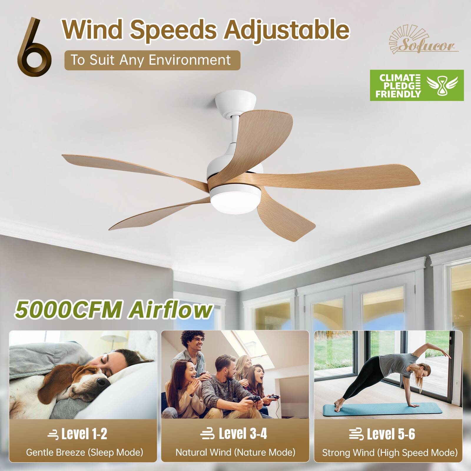 Wind Speeds Adjustable  
6 To Suit Any Environment  

CLIMATE PLEDGE FRIENDLY  

5000CFM Airflow  

Level 1-2: Gentle Breeze (Sleep Mode)  
Level 3-4: Natural Wind (Nature Mode)  
Level 5-6: Strong Wind (High Speed Mode)