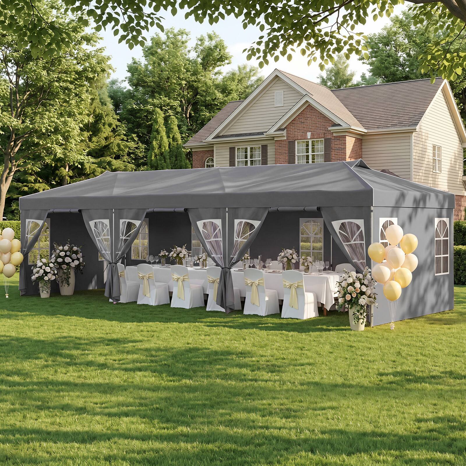 Alt View 1. Costway - Costway 10 x 30 FT Pop Up Canopy Tent with 8 Sidewalls Adjustable Height Reflective Strips - Gray.