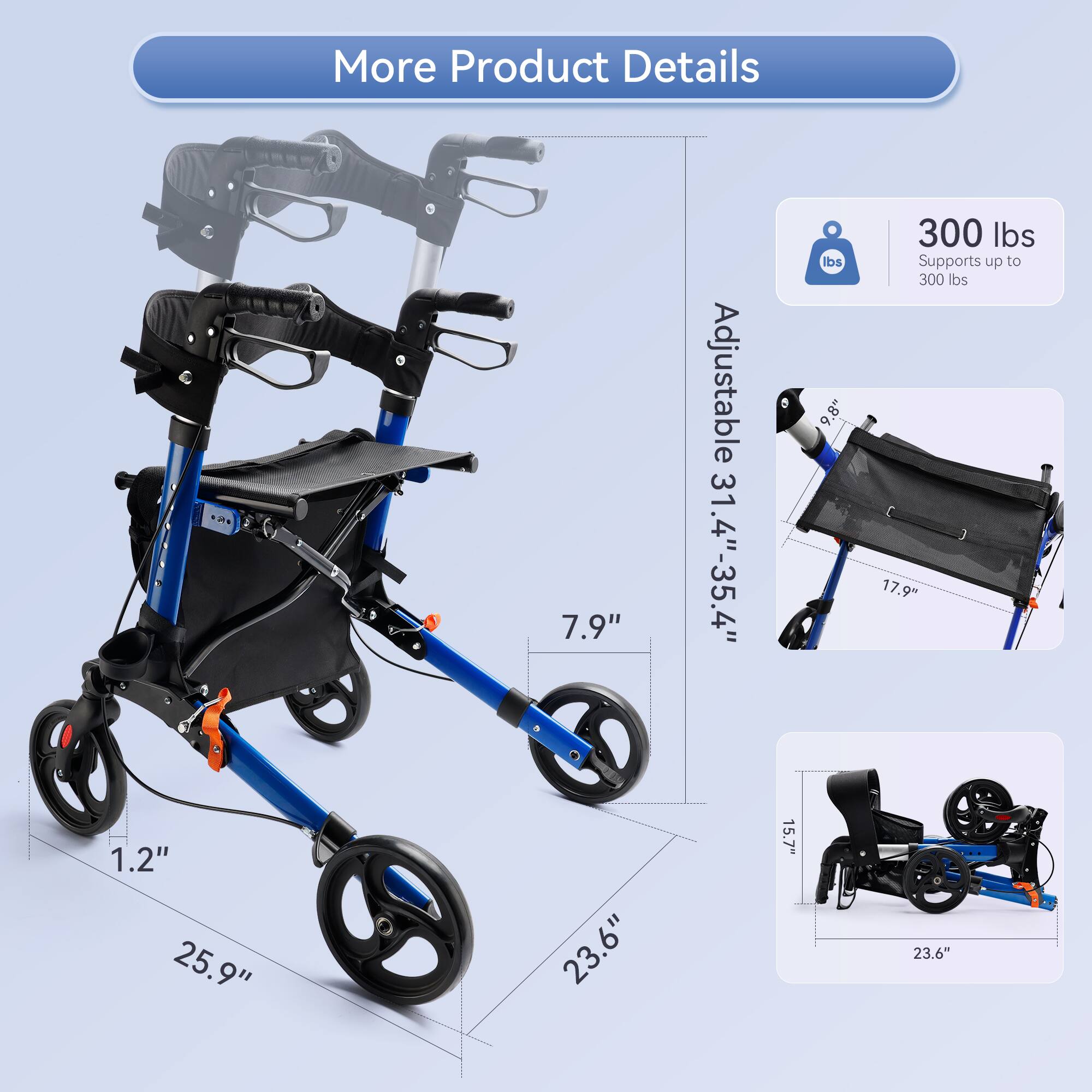 Left. Topteng - ​​8" Wheel Foldable Rollator Walker with Adjustable Seat & Height - All-Terrain Tires, 300lb Capacity, fit for Seniors​ - Black.