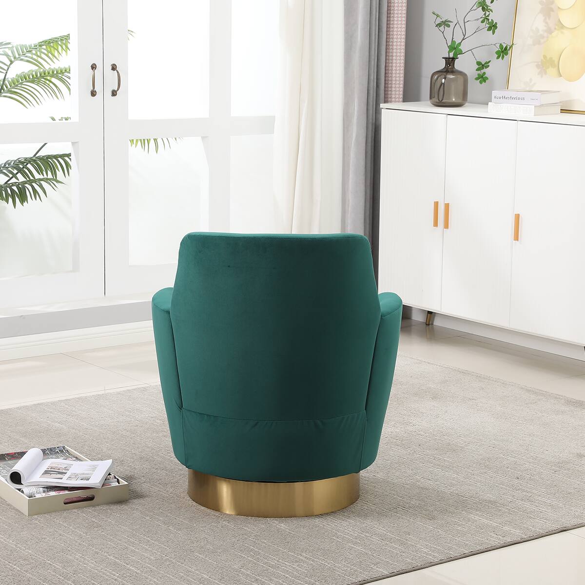 Left. Trinkets Crazed - Swivel Barrel Chair,Modern Comfy Velvet Upholstered Round Swivel Accent Chairst,360 Degree Single Sofa Chair Armchair - Emerald.