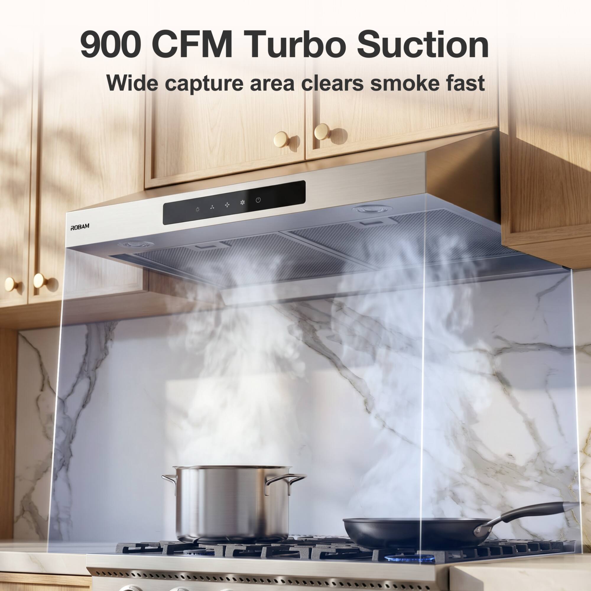 900 CFM Turbo Suction  
Wide capture area clears smoke fast  
ROBAM
