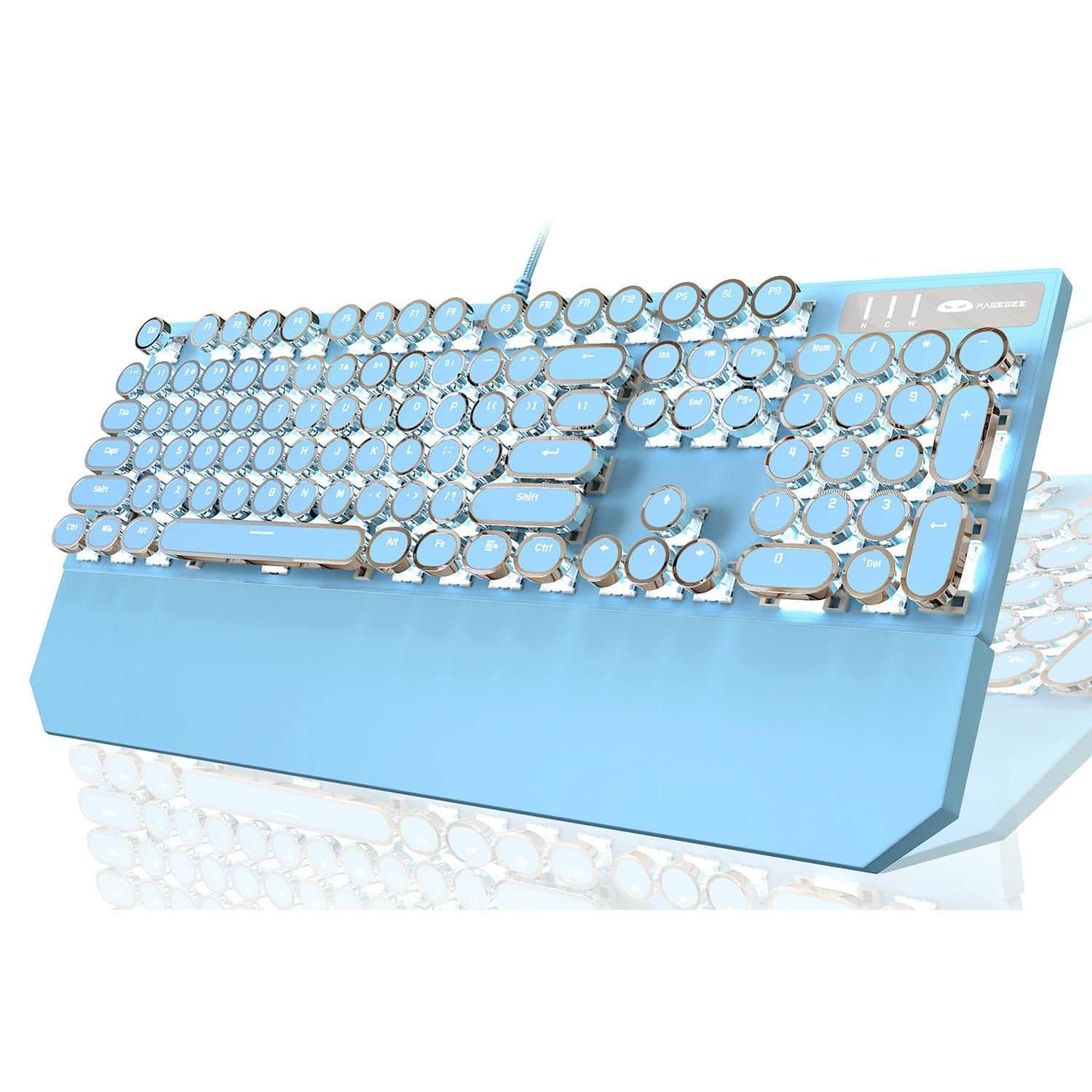 Cedar Assembly - Typewriter Style Mechanical Gaming White Retro Punk With Blue Backlit Wired Cute Keyboards Round Keycaps For - blue(round keycaps)