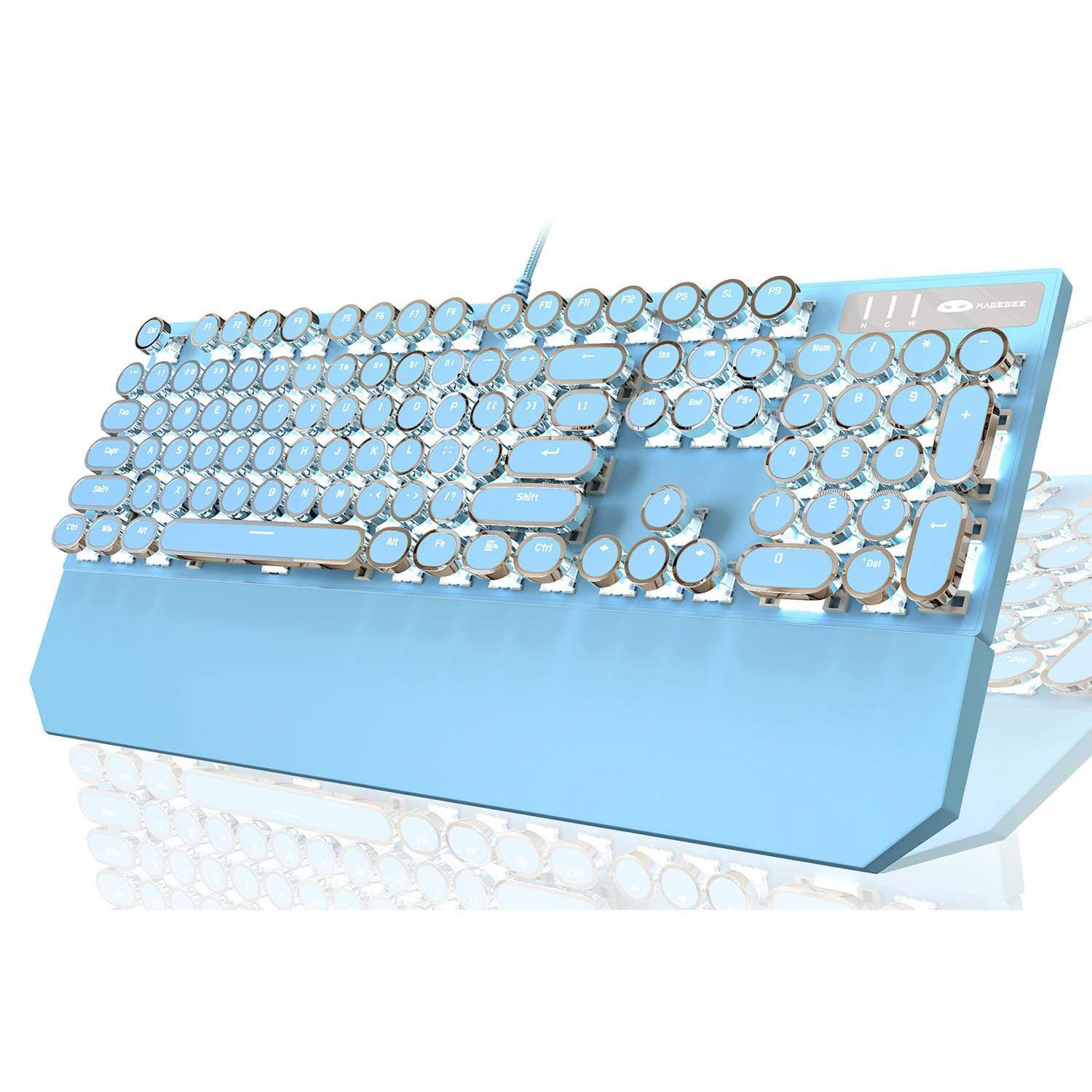 Cedar Assembly - Typewriter Style Mechanical Gaming White Retro Punk With Blue Backlit Wired Cute Keyboards Round Keycaps For - blue(round keycaps)