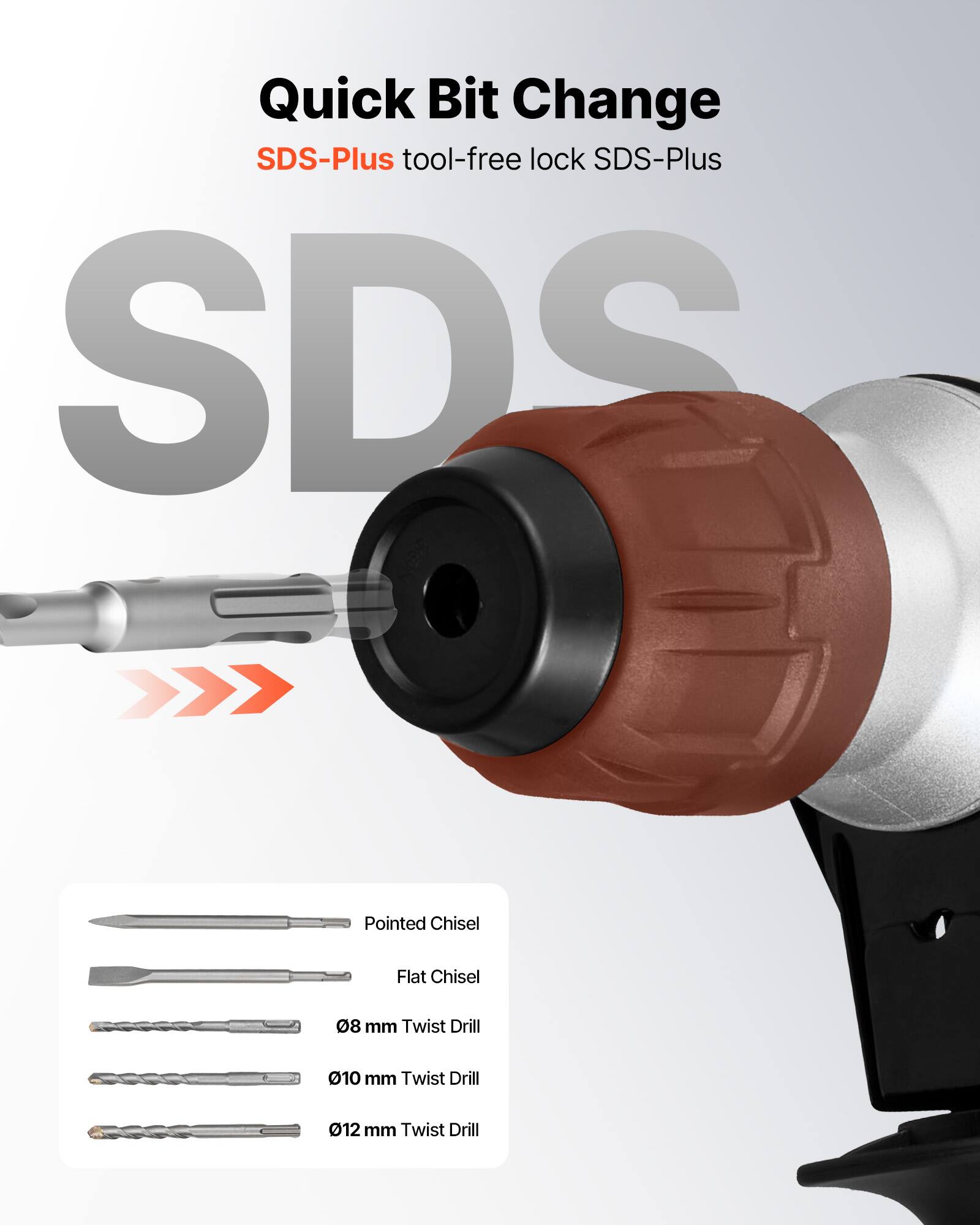 Quick Bit Change SDS-Plus tool-free lock SDS-Plus

SDS

Pointed Chisel
Flat Chisel
08 mm Twist Drill
010 mm Twist Drill
012 mm Twist Drill