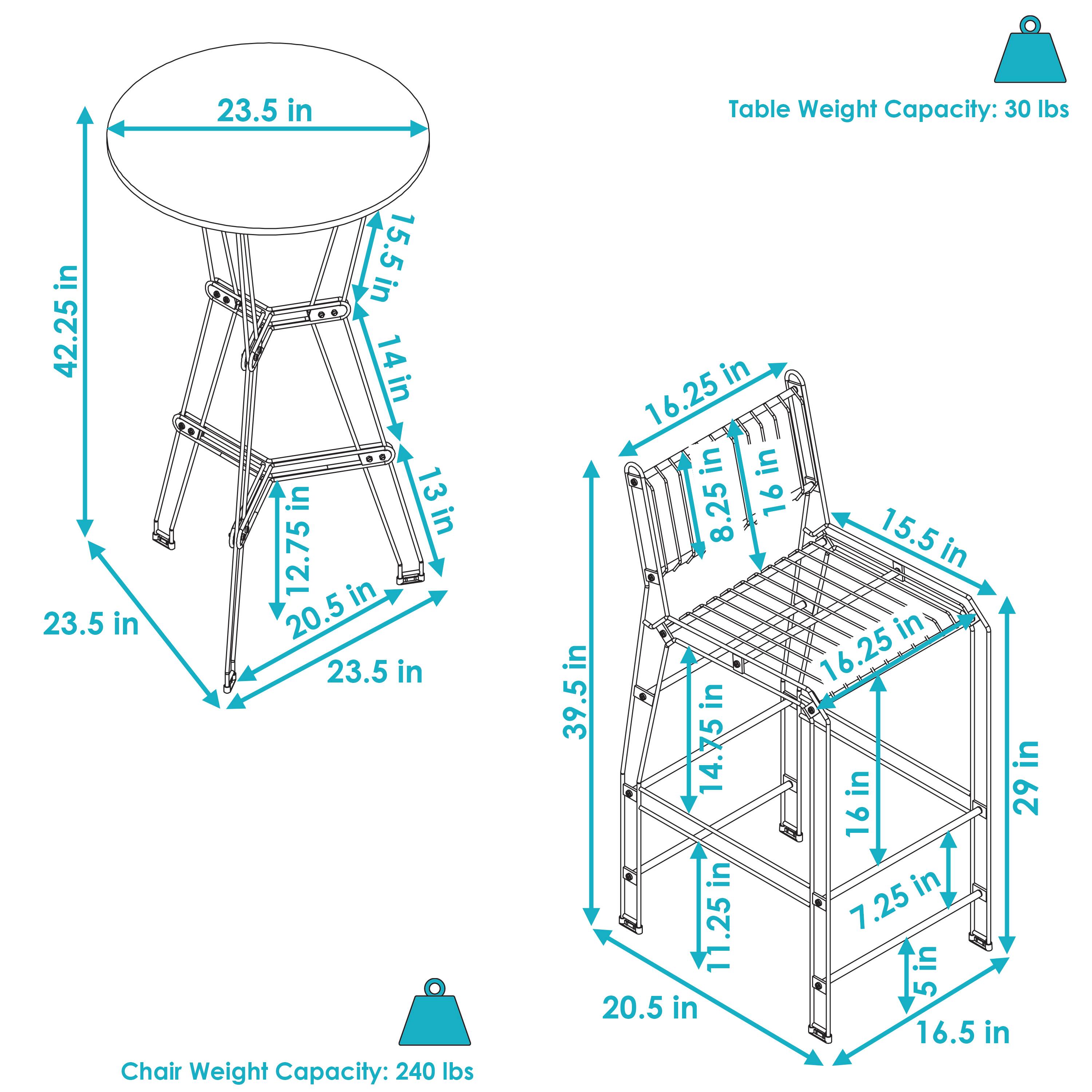 Table Weight Capacity: 30 lbs  
- Diameter: 23.5 in  
- Height: 42.25 in  
- Top Diameter: 15.5 in  
- Leg Width: 14 in  
- Leg Height: 13 in  
- Seat Height: 12.75 in  
- Seat Diameter: 23.5 in  
- Seat Depth: 20.5 in  

Chair Weight Capacity: 240 lbs  
- Seat Height: 16.25 in  
- Back Height: 39.5 in  
- Seat Width: 16.25 in  
- Seat Depth: 15.5 in  
- Armrest Height: 16 in  
- Armrest Width: 16.25 in  
- Back Width: 15.5 in  
- Back Depth: 29 in  
- Seat Depth: 11.25 in  
- Leg Width: 20.5 in  
- Leg Height: 16.5 in  
- Leg Width: 5 in