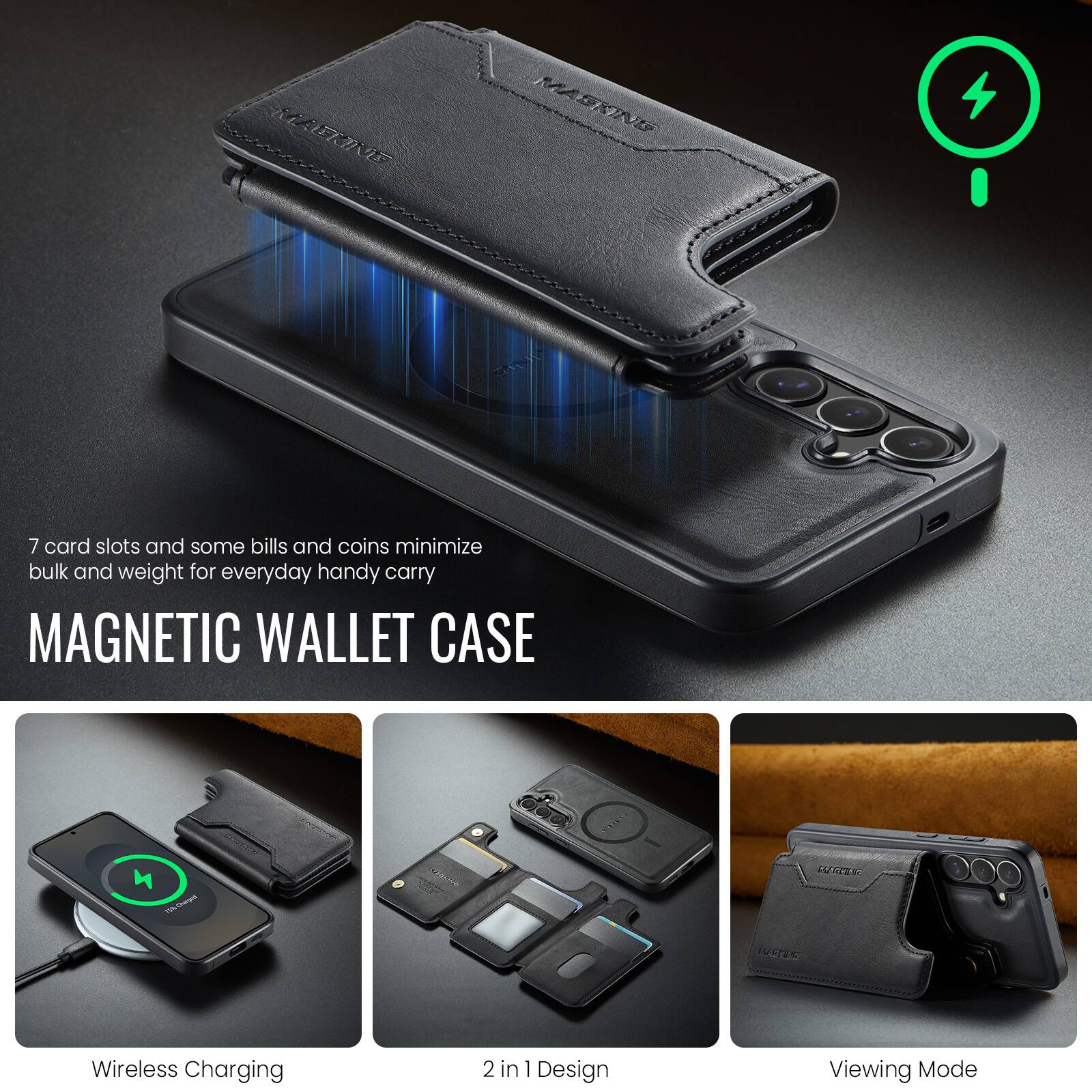 MAFIRIOE MASKING 7 card slots and some bills and coins minimize bulk and weight for everyday handy carry MAGNETIC WALLET CASE

mVR LUTZEL TSEC Wireless Charging 2 in 1 Design Viewing Mode