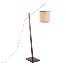 Loheer - Contemporary Floor Lamp Wood Satin Nickel Rattan Shade 60 Inch Tall Modern Standing Lamp for Living Room - Walnut