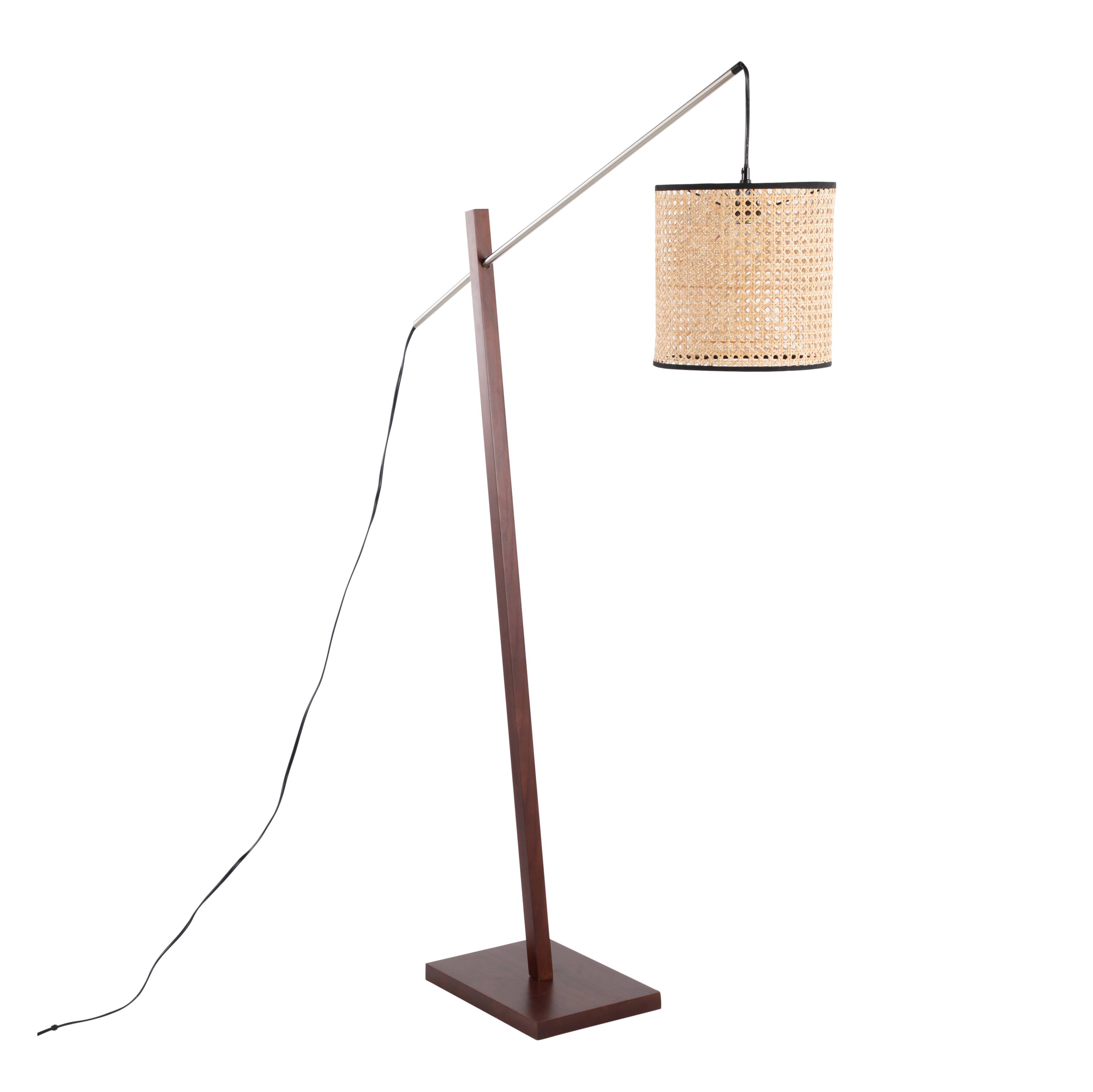 Front. Loheer - Loheer Contemporary Floor Lamp Walnut Wood Satin Nickel Rattan Shade 60 Inch Tall Modern Standing Lamp for Living Room - Walnut.