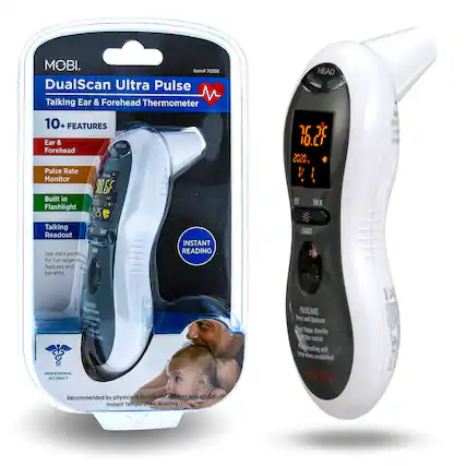 MOBI.
Item 70203
DualScan Ultra Pulse
Talking Ear & Forehead Thermometer
10+ FEATURES
Ear & Forehead
Pulse Rate Monitor
Built in Flashlight
Talking Readout
INSTANT READING
See back panel for full range of features and benefits.
PROFESSIONAL ACCURACY
Recommended by physicians for infants, children and adults
Instant Temperature Reading
PULSE RATE
Press and release finger directly on the sensor while reading is completed
MOBI.