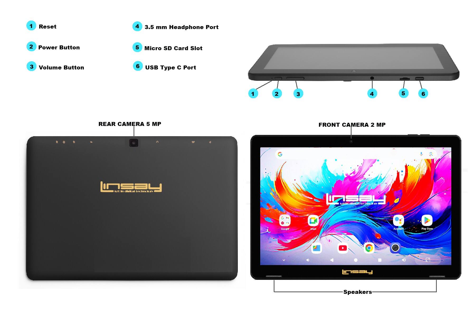 1. Reset  
2. Power Button  
3. Volume Button  
4. 3.5 mm Headphone Port  
5. Micro SD Card Slot  
6. USB Type C Port  

REAR CAMERA 5 MP  
FRONT CAMERA 2 MP  

Speakers  

InSay  
Art in detail technology