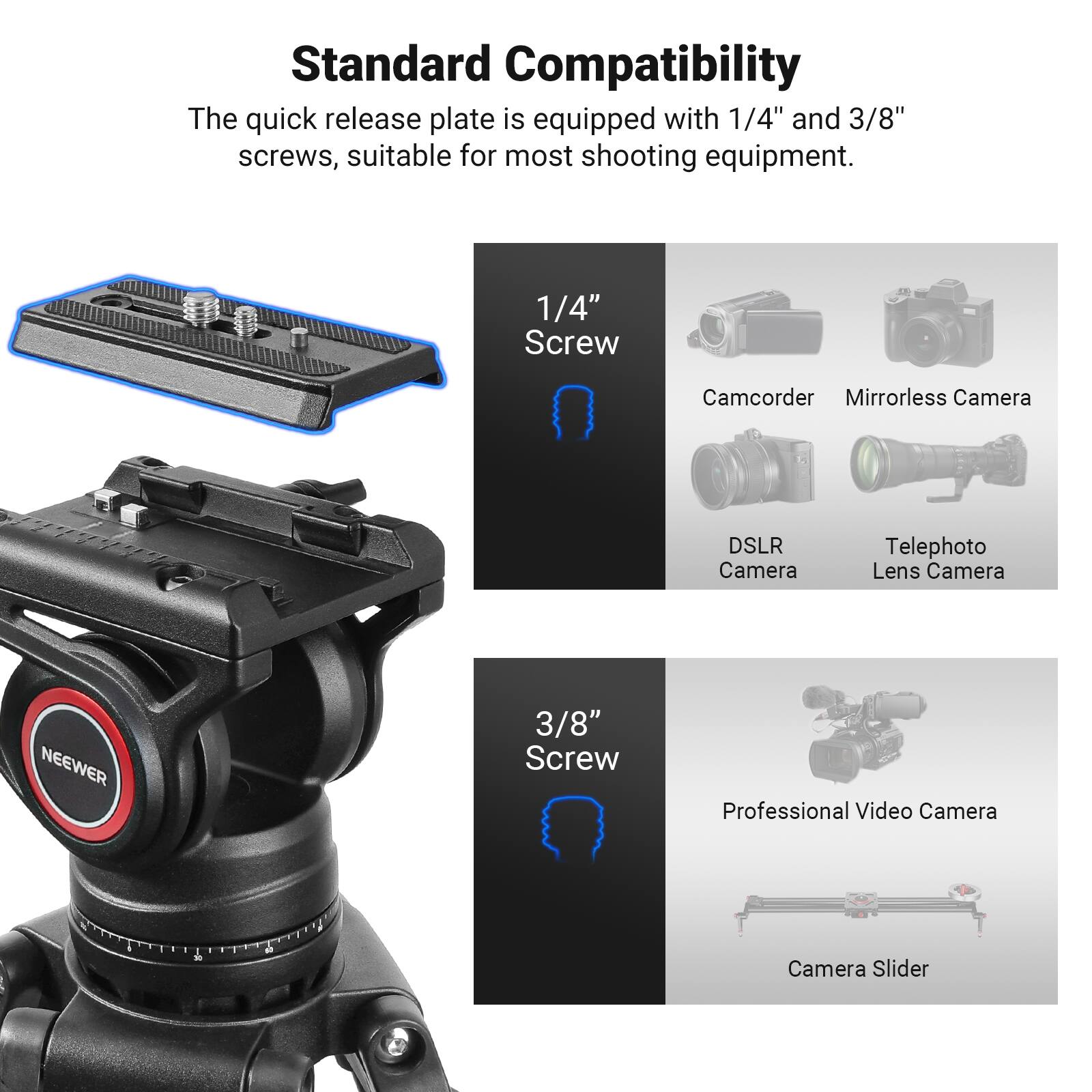 Standard Compatibility

The quick release plate is equipped with 1/4" and 3/8" screws, suitable for most shooting equipment.

1/4" Screw
- Camcorder
- Mirrorless Camera
- DSLR Camera
- Telephoto Lens Camera

3/8" Screw
- Professional Video Camera
- Camera Slider