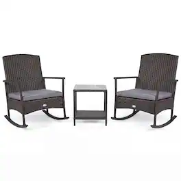 Gymax - 3 Piece Patio Rocking Bistro Set 2 Rattan Armchairs w/ 2-Tier Side Table - Gray