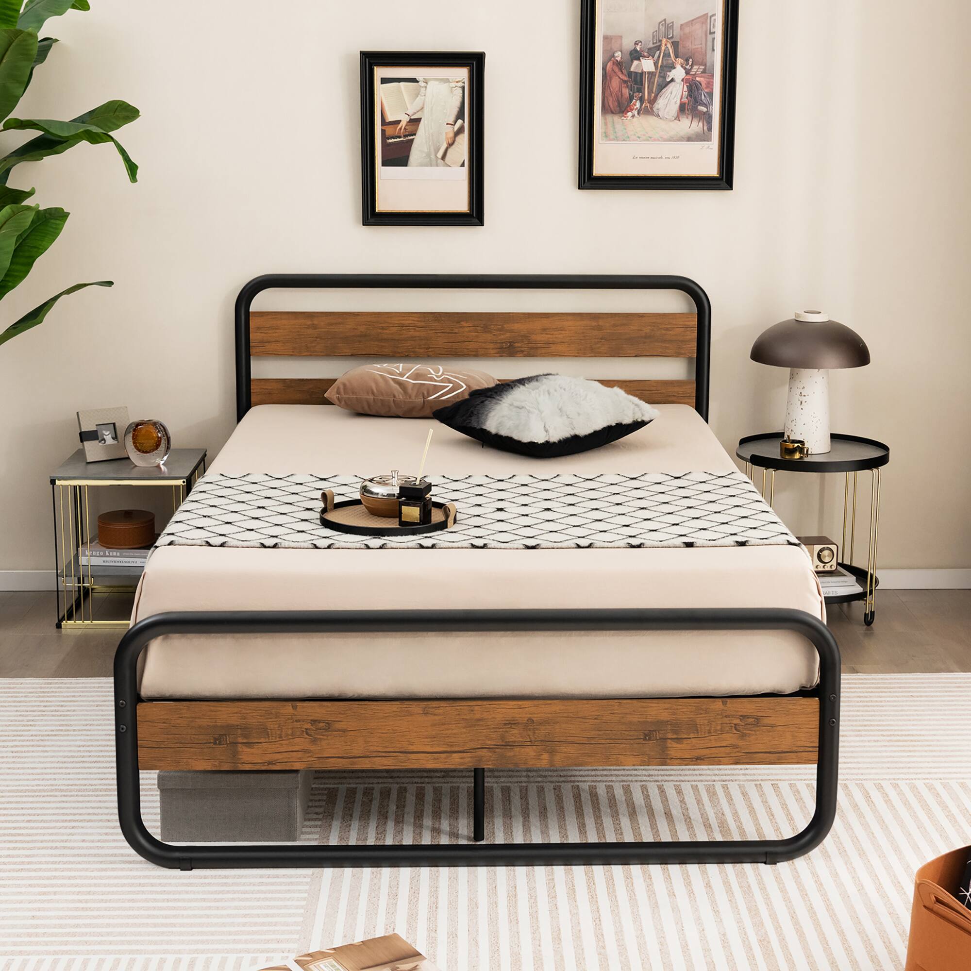 Alt View 3. Costway - Costway Full Metal Bed Frame Arc Platform Headboard Footboard Mattress Foundation - Natural.