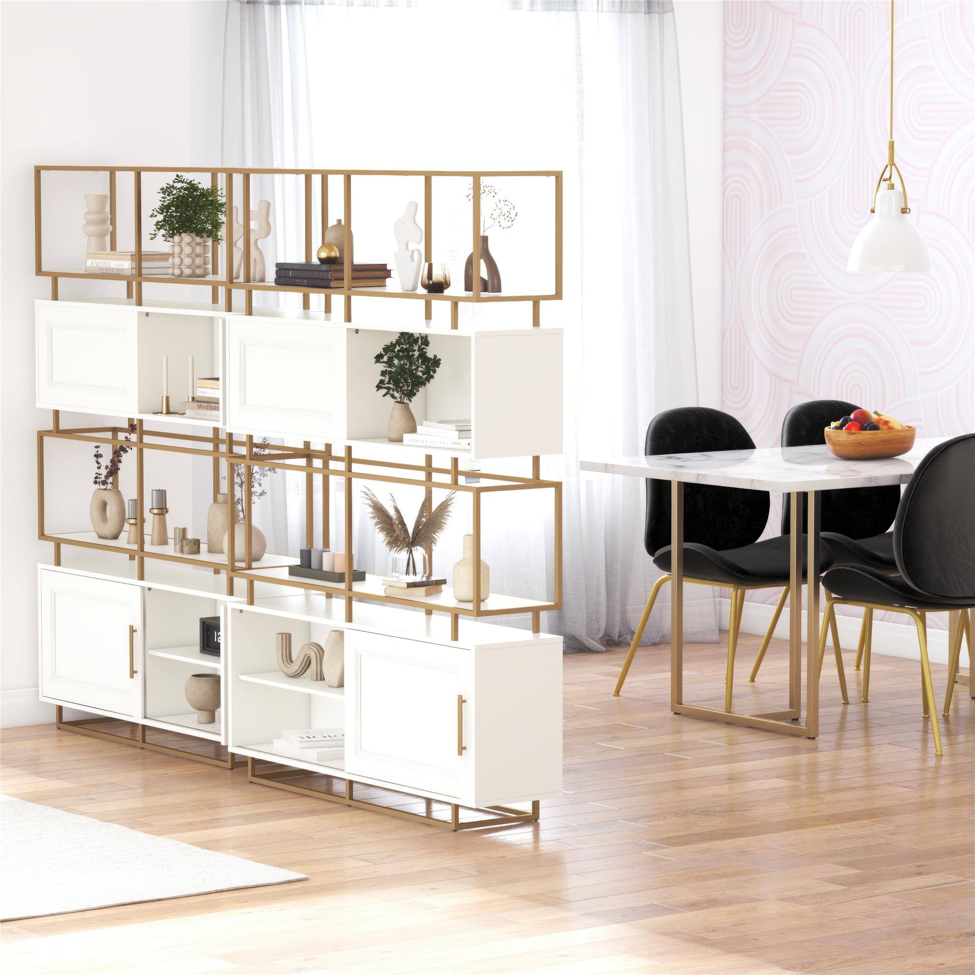 Left. Aukfa - Modern Bookcase Room Divider - White MDF & Gold Steel, Adjustable Shelves, 47.6"W x 70.3"H, Double-Sided Design - White.