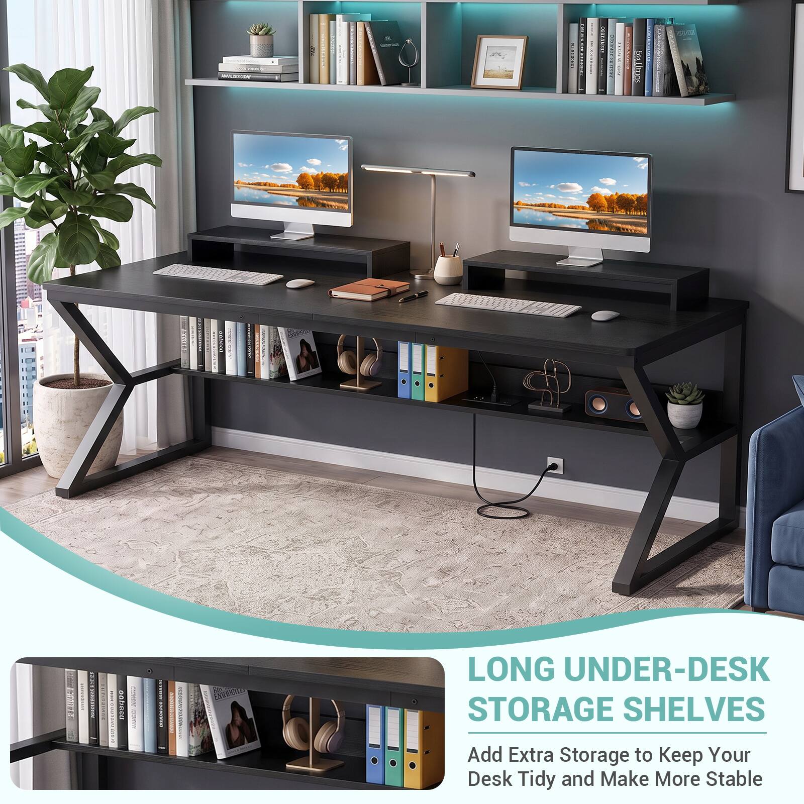 - COME

PROSIUM
ootiaca
DBMM
MAMMENTER

LONG UNDER-DESK STORAGE SHELVES
Add Extra Storage to Keep Your Desk Tidy and Make More Stable