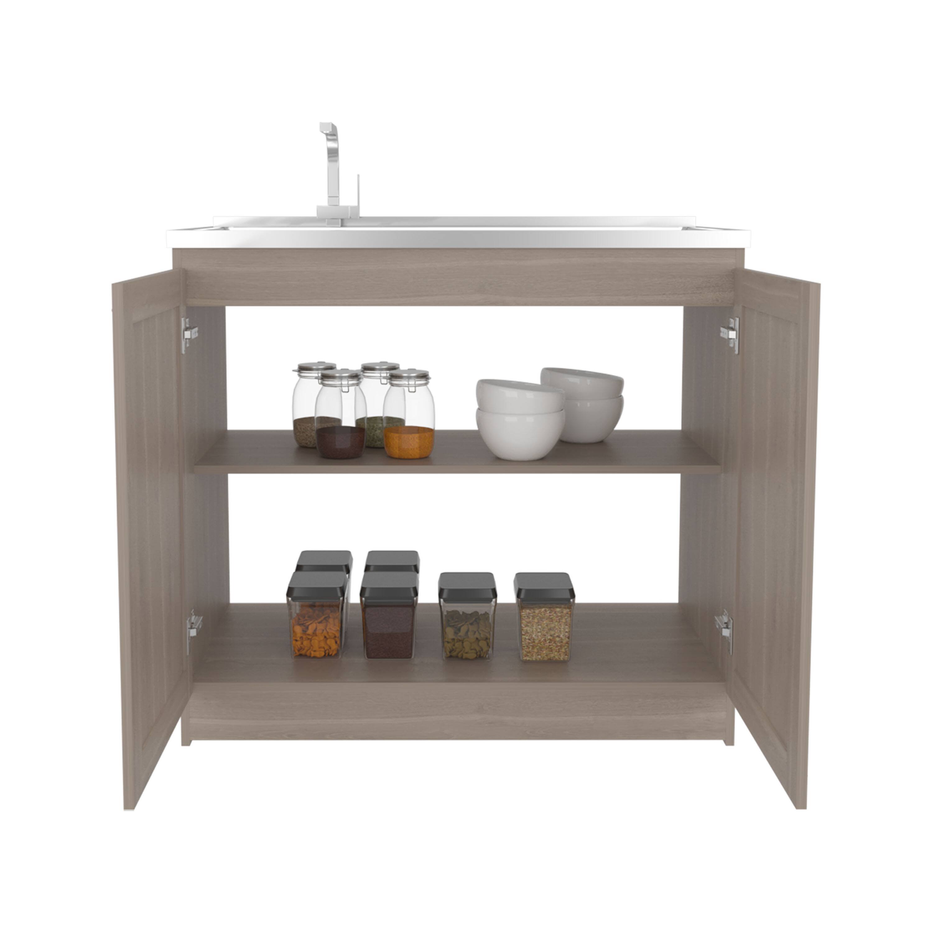 Left. TinyHomie - Zurich 39 Inch Wide Light Gray Utility Sink Base Cabinet 2 Doors 2 Shelves Stainless Steel - Gray.