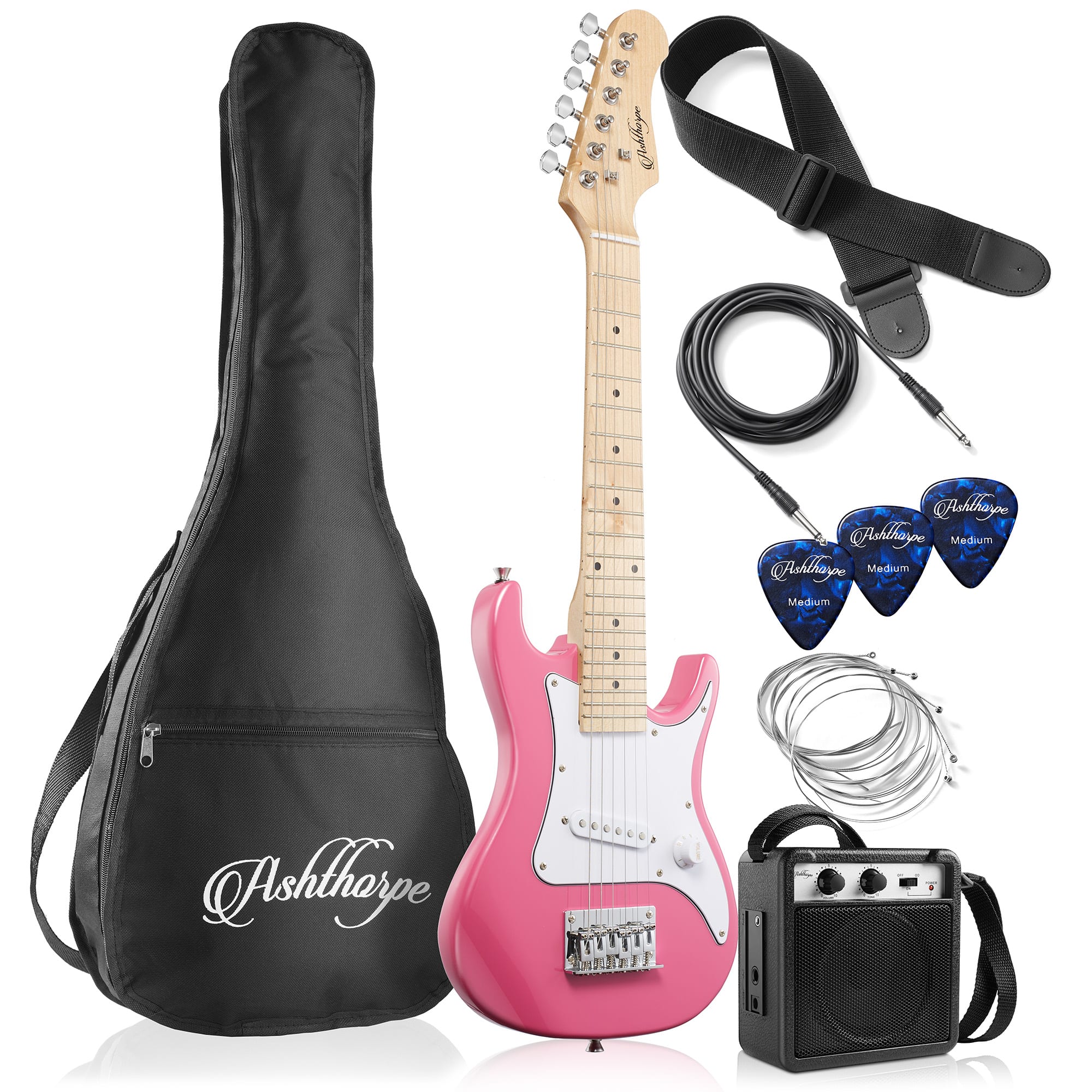 Ashthorpe - 30-in Electric Guitar Package with Amplifier - Beginner Starter Kit - Pink