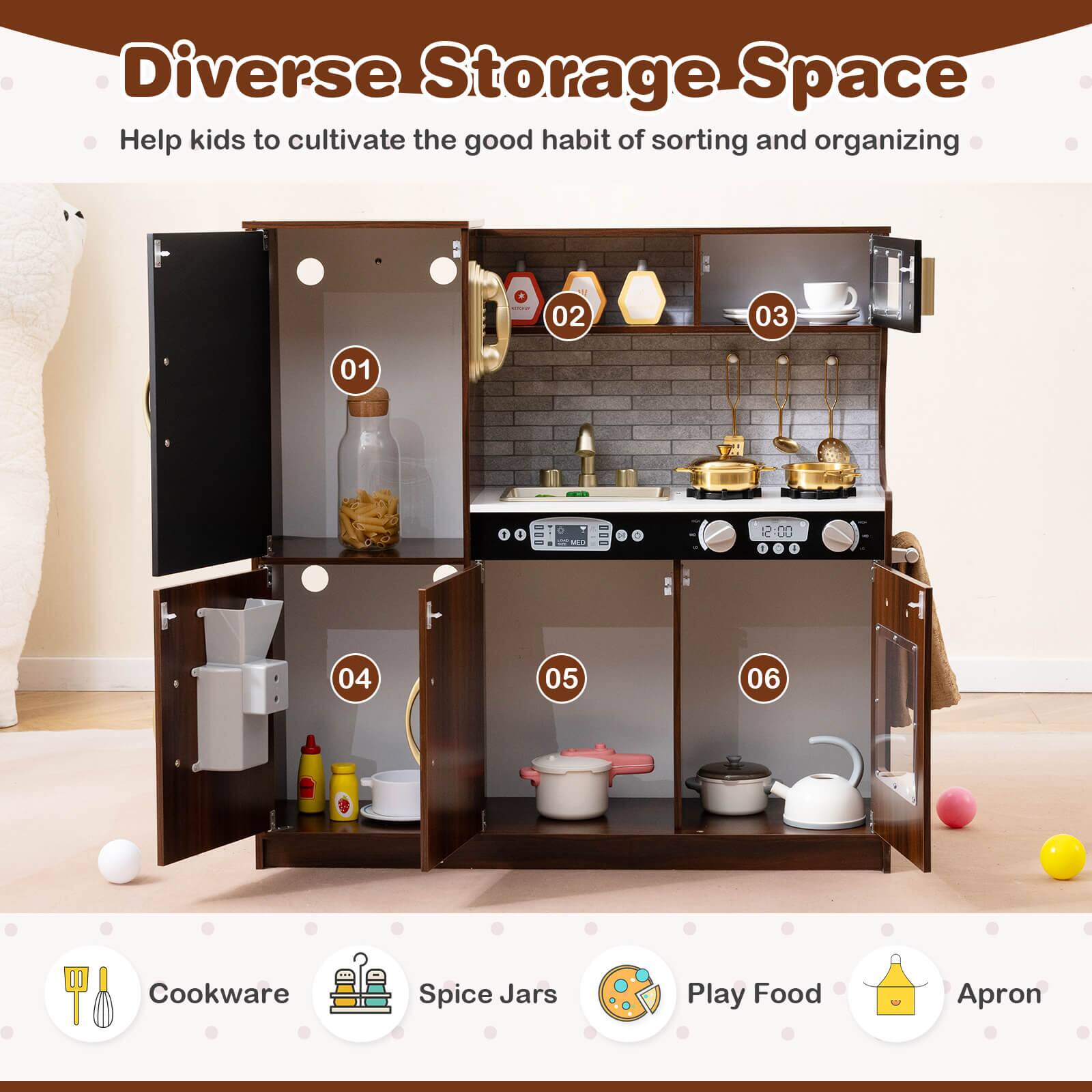 Diverse Storage Space  
Help kids to cultivate the good habit of sorting and organizing  

01  
02  
03  
04  
05  
06  

Cookware  
Spice Jars  
Play Food  
Apron
