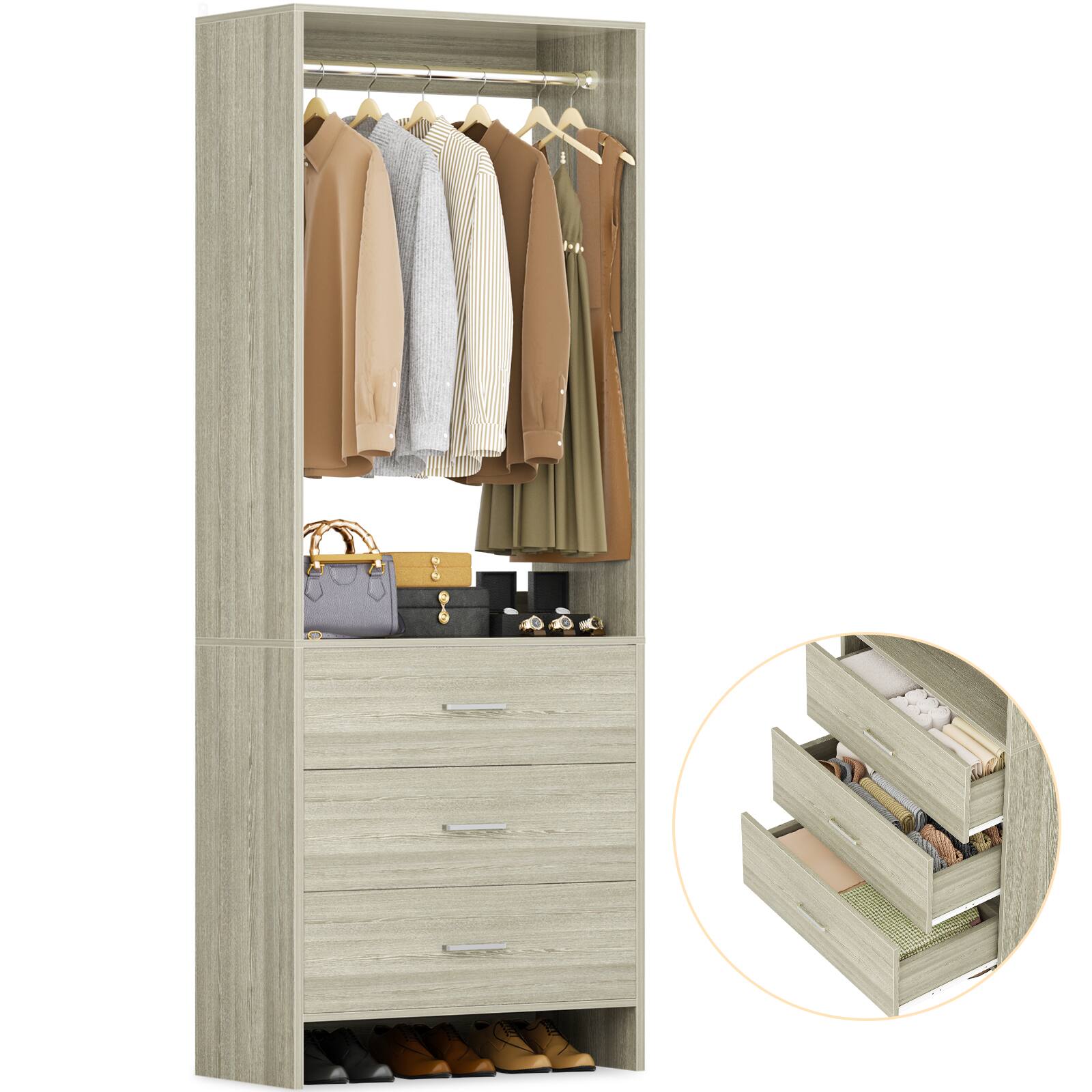 Angle. Aheaplus - 2FT Closet System with 3 Drawers and Hanging Rod, Small Freestanding Closet Organizer for Bedroom, Closet - Beige Oak.