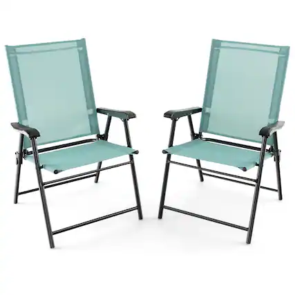 Front. Costway - Costway Patio 2pcs Folding Sling Back Chair Portable Armrests Metal Outdoor Dining - Navy.
