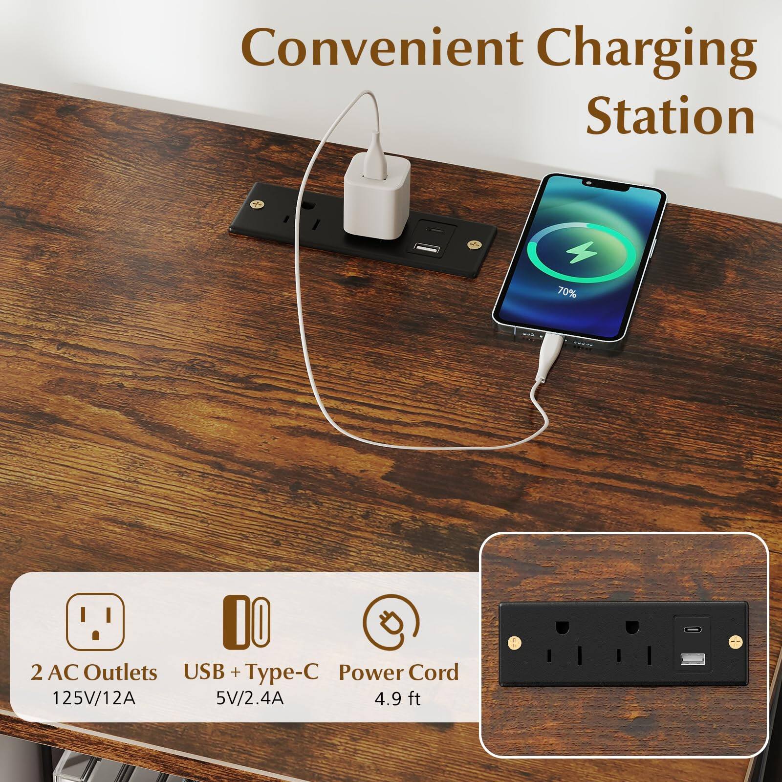 Convenient Charging Station

2 AC Outlets  
125V/12A

USB + Type-C  
5V/2.4A

Power Cord  
4.9 ft