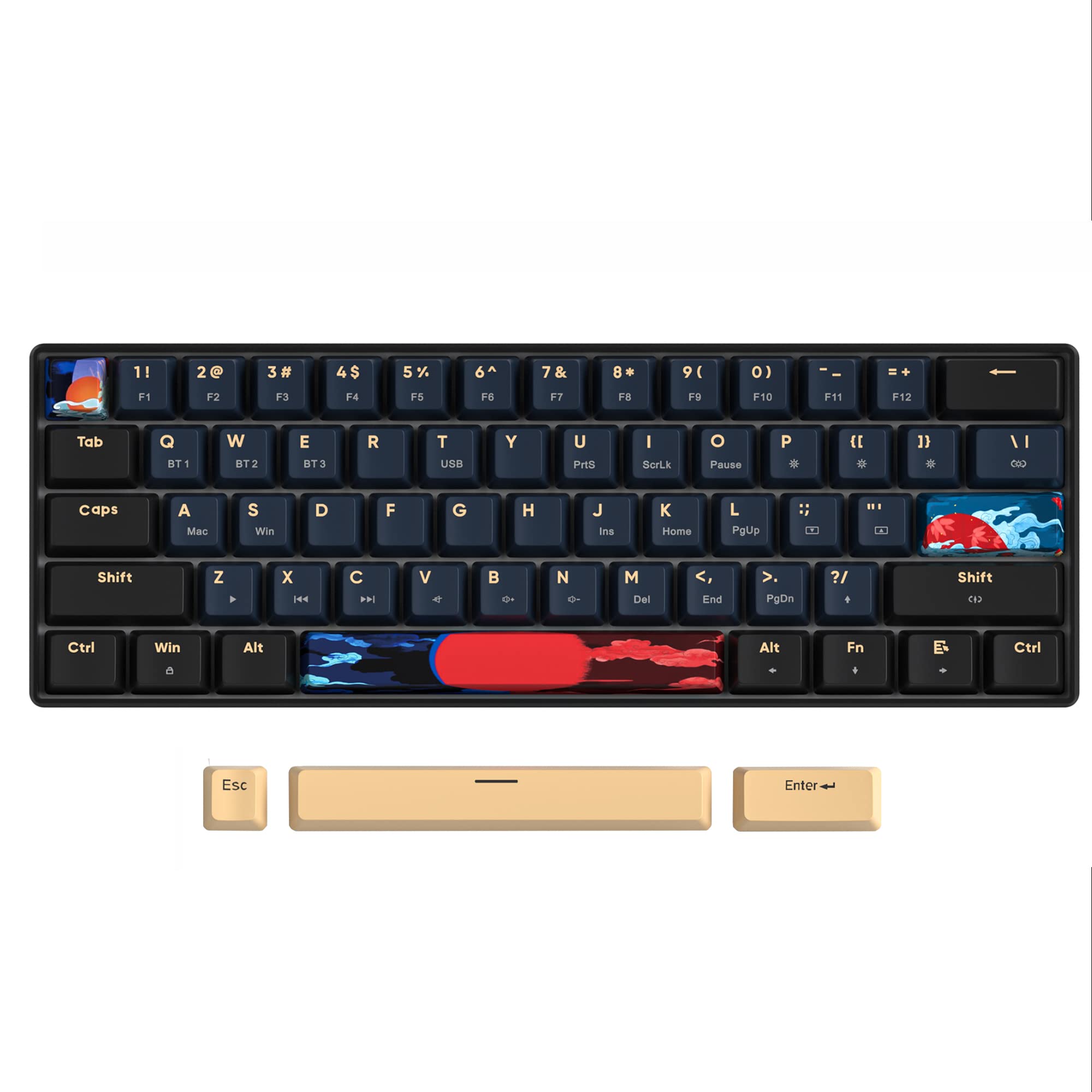 1! 2@ 3# 4$ 5% 6^ 7& 8* 9( 0) - = + F1 F2 F3 F4 F5 F6 F7 F8 F9 F10 F11 F12 Tab Q W E R T Y U I O P [ ] \ Caps A S D F G H J K L ; ' Shift Z X C V B N M , . / Shift Ctrl Win Alt Fn Ctrl Esc Enter

BT1 BT2 BT3 USB Pause PrtSc ScrLk Ins Home PgUp PgDn Del End

Mac Win

Ctrl Win Alt

Enter