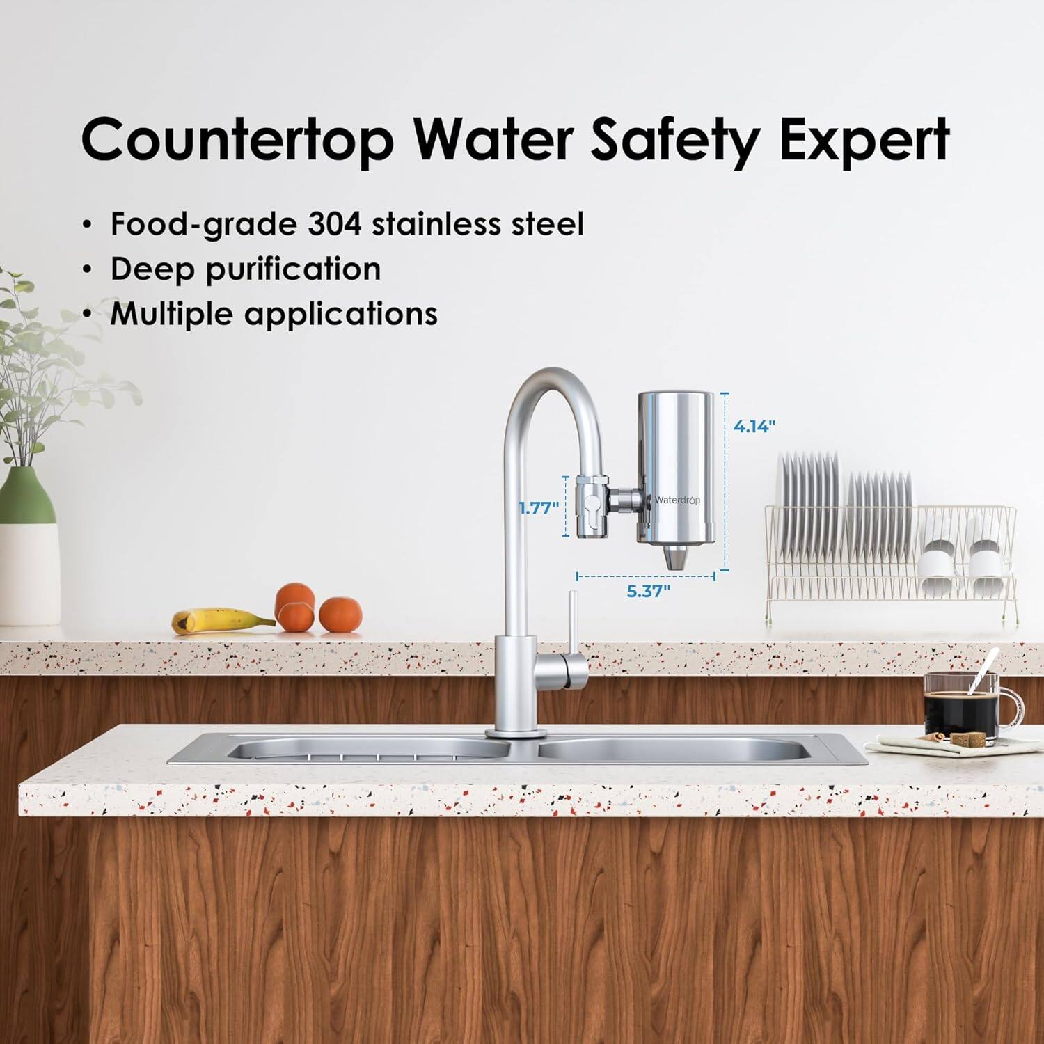 Countertop Water Safety Expert

- Food-grade 304 stainless steel
- Deep purification
- Multiple applications

4.14"  
1.77"  
5.37"