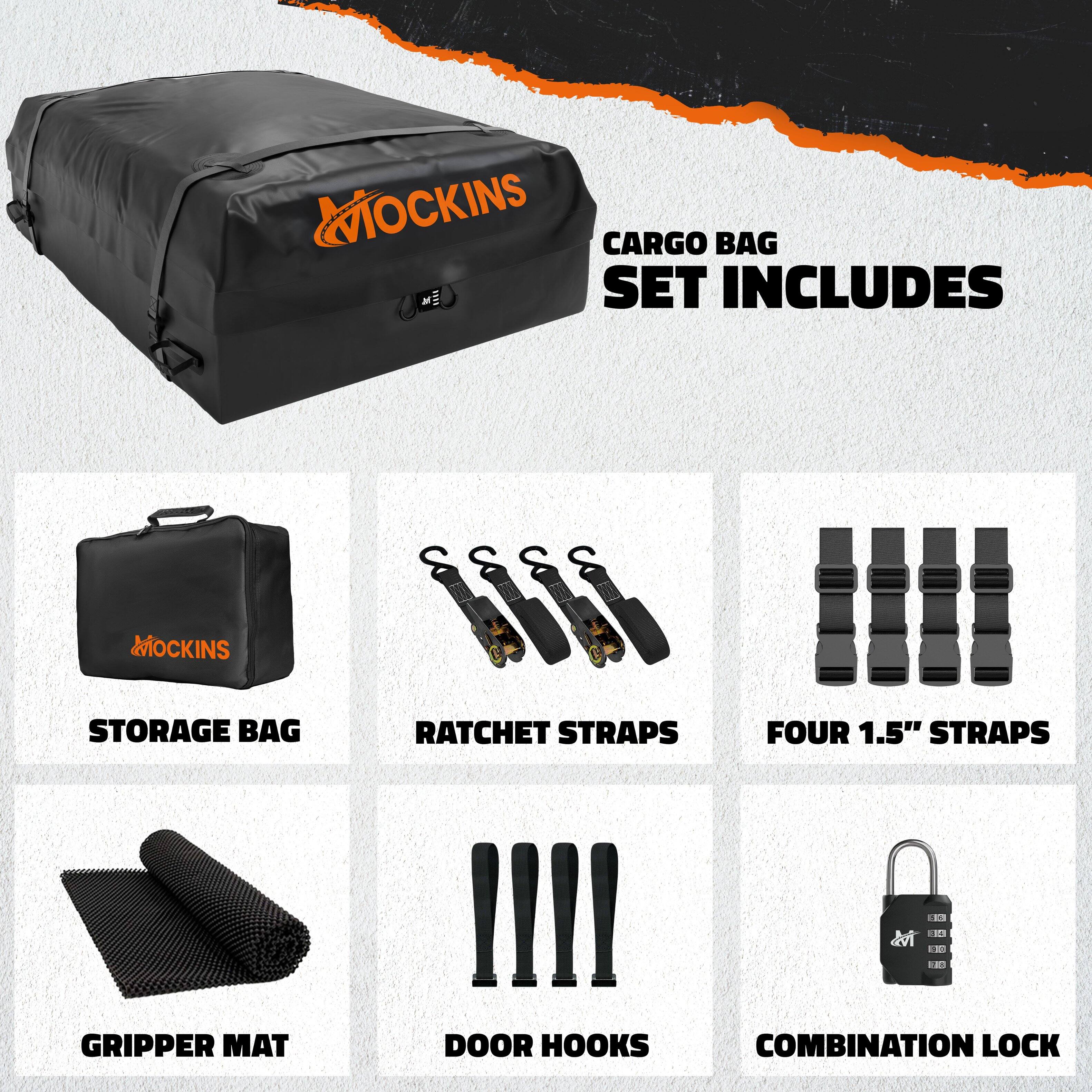 CARGO BAG SET INCLUDES

- MOCKINS STORAGE BAG
- RATCHET STRAPS
- FOUR 1.5" STRAPS
- GRIPPER MAT
- DOOR HOOKS
- COMBINATION LOCK