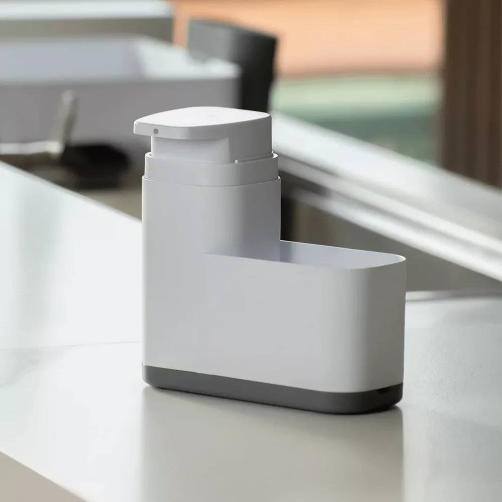 Left. OU - 19 oz Plastic Soap Dispenser with Extended Sponge Holder & Drip Tray Kitchen Sink Organizer - White.