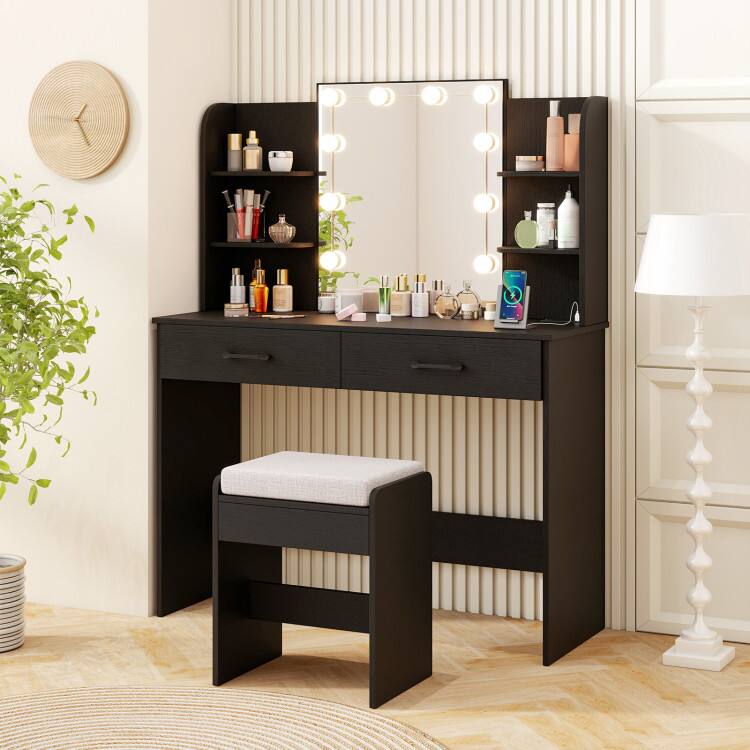 Left. SlickBlue - Vanity Set with Lighted Mirror, Comfortable Stool, and Power Outlet - Black.