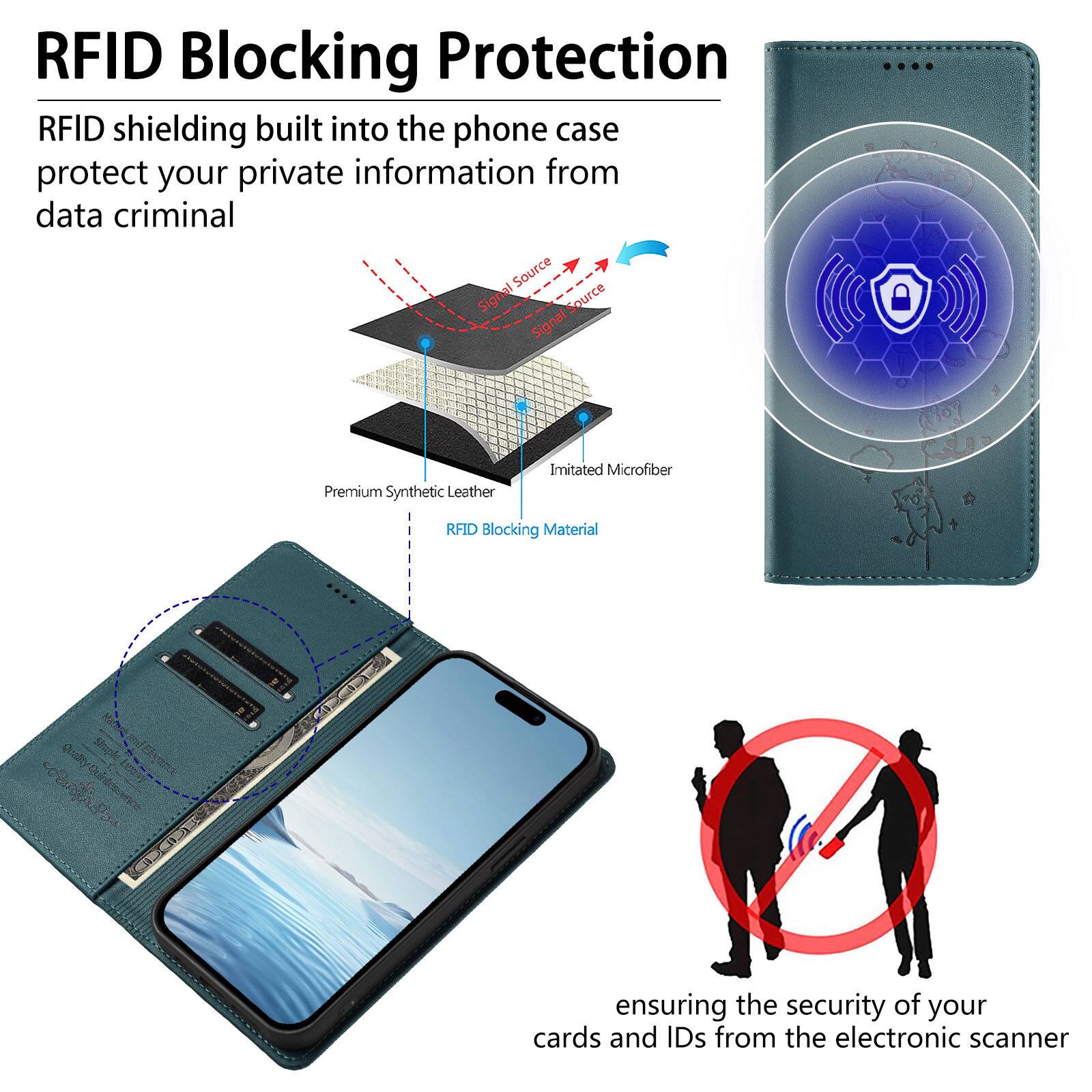 RFID Blocking Protection

RFID shielding built into the phone case protect your private information from data criminal

Premium Synthetic Leather
Imitated Microfiber
RFID Blocking Material

ensuring the security of your cards and IDs from the electronic scanner