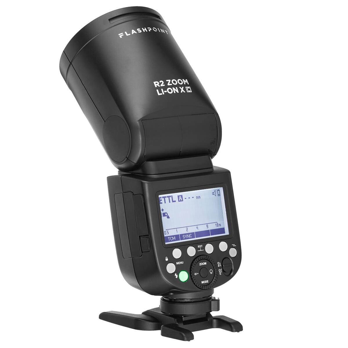 FLASHPOINT  
R2 ZOOM LI-ONXO  
ETTL A  
20  
AQ  
2 4 05 1 TCM SYNC RST  

18m  
z  
i  
MENU  
ZOOM MODE