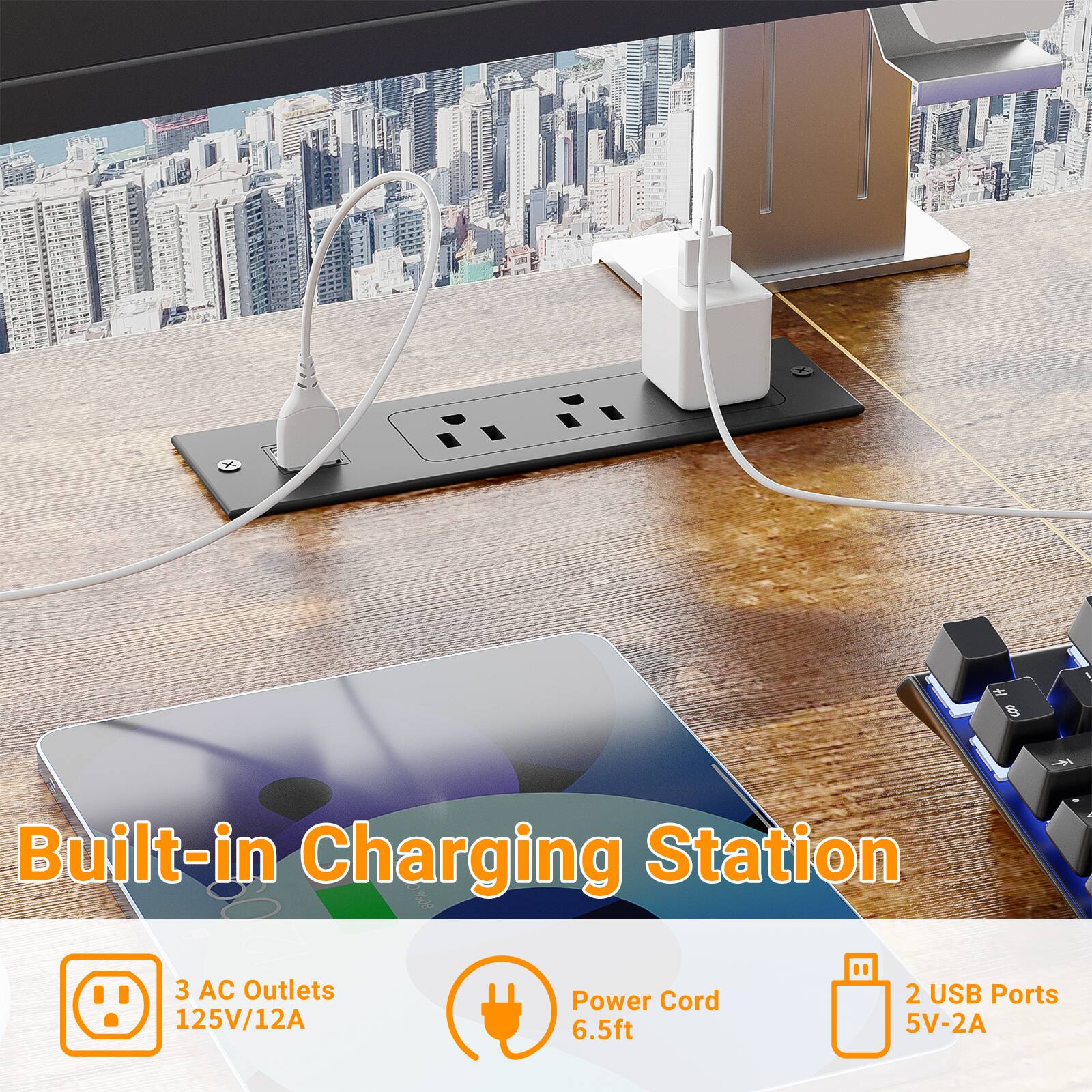 Built-in Charging Station

- 3 AC Outlets
  - 125V/12A

- Power Cord
  - 6.5ft

- 2 USB Ports
  - 5V-2A
